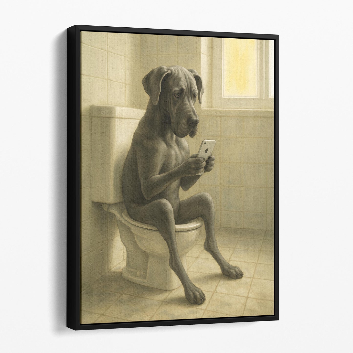 Great Dane Dog On The Phone On The Toilet
