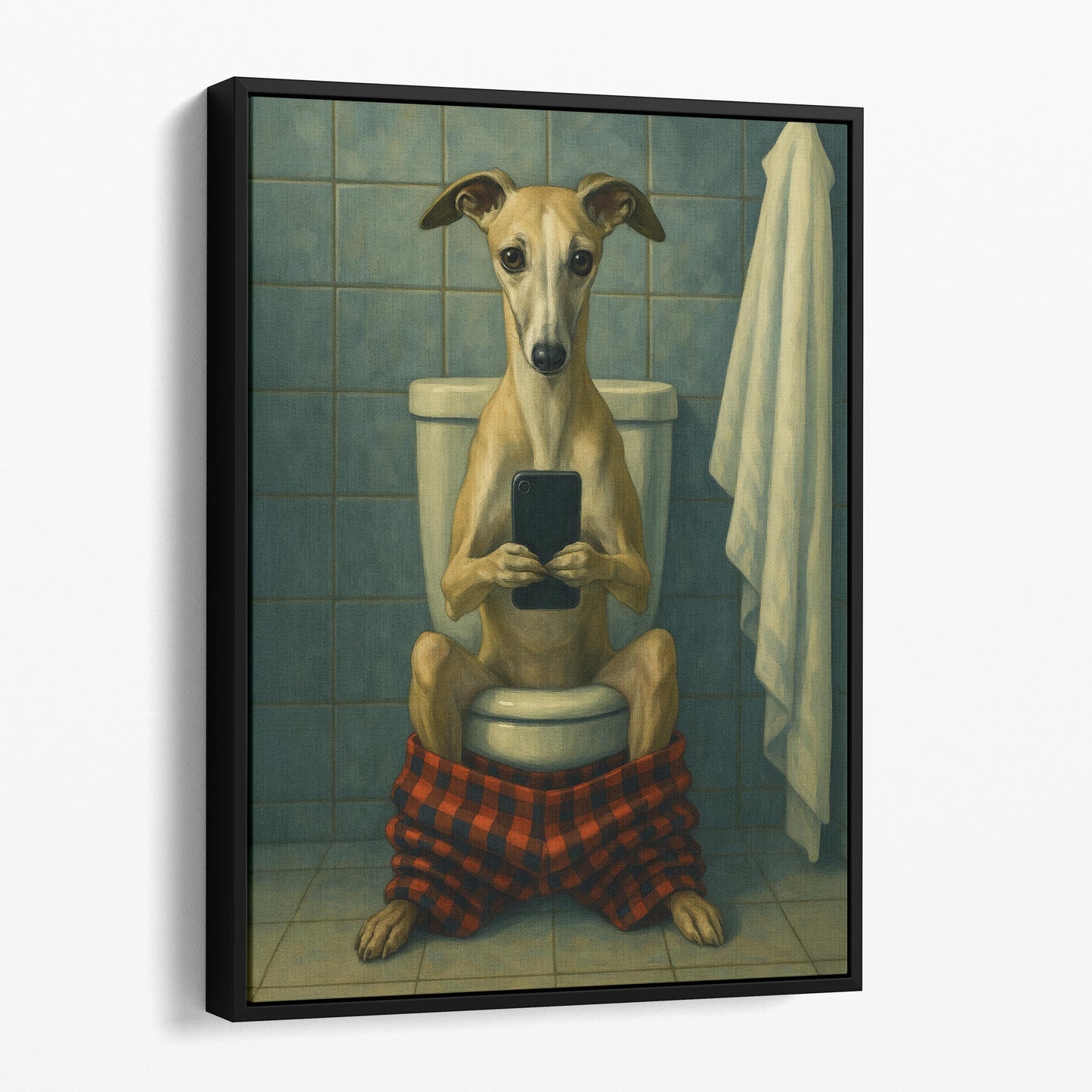 Whippet Dog On The Phone On The Toilet