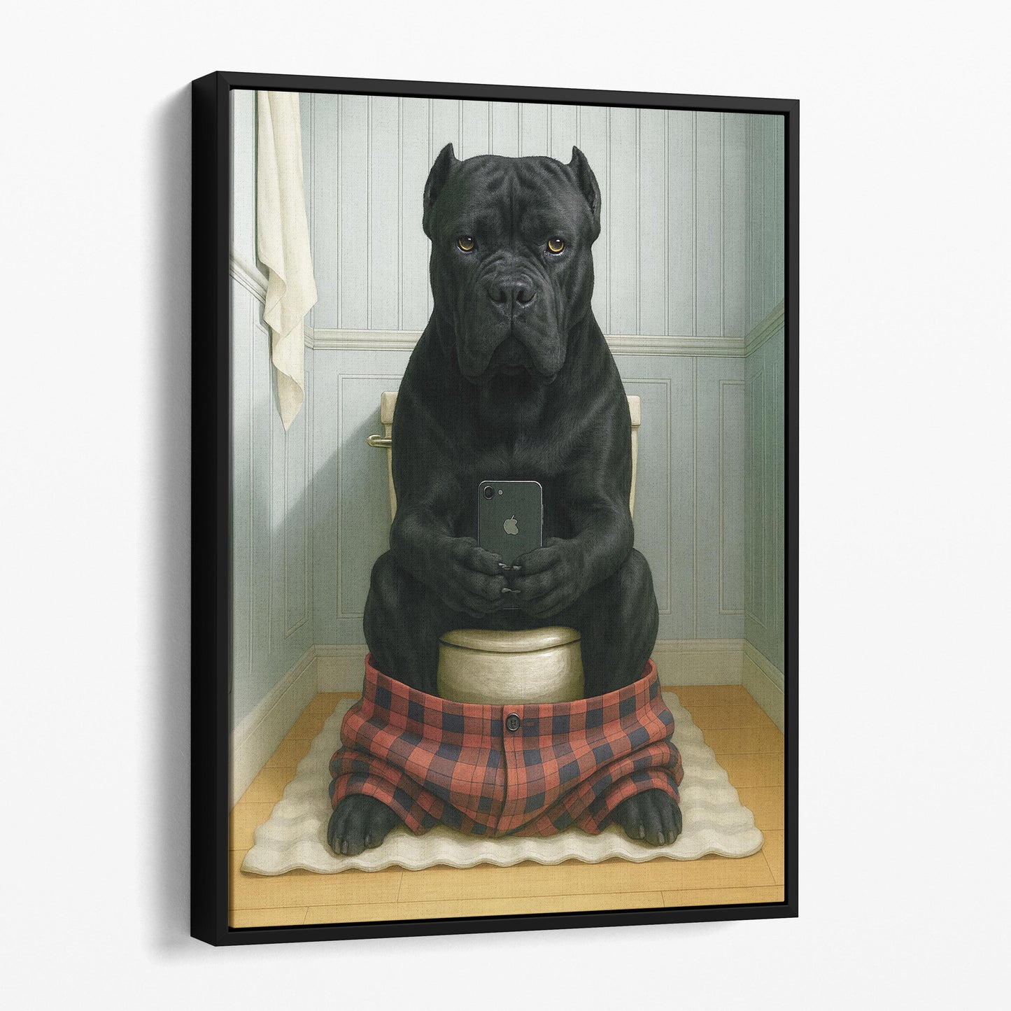 Cane Corso Dog On The Phone On The Toilet
