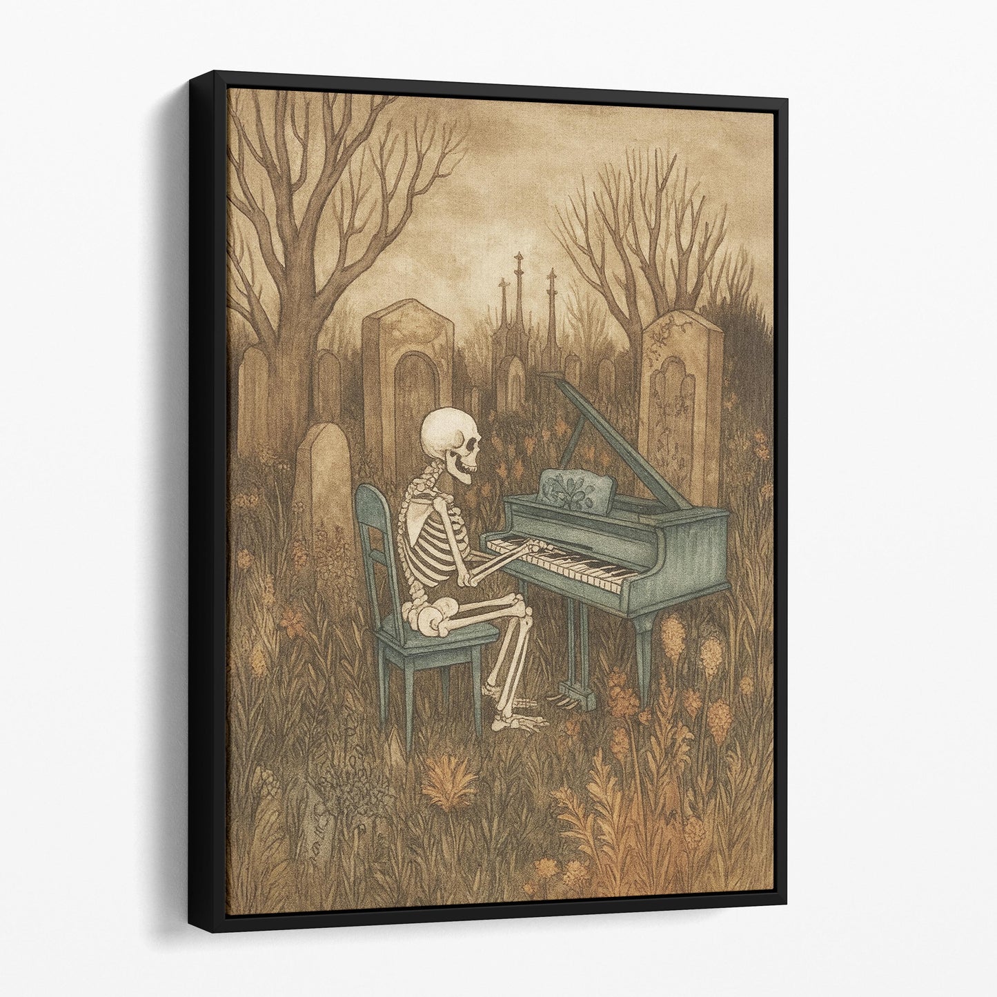 Skeleton Playing The Piano In A Graveyard