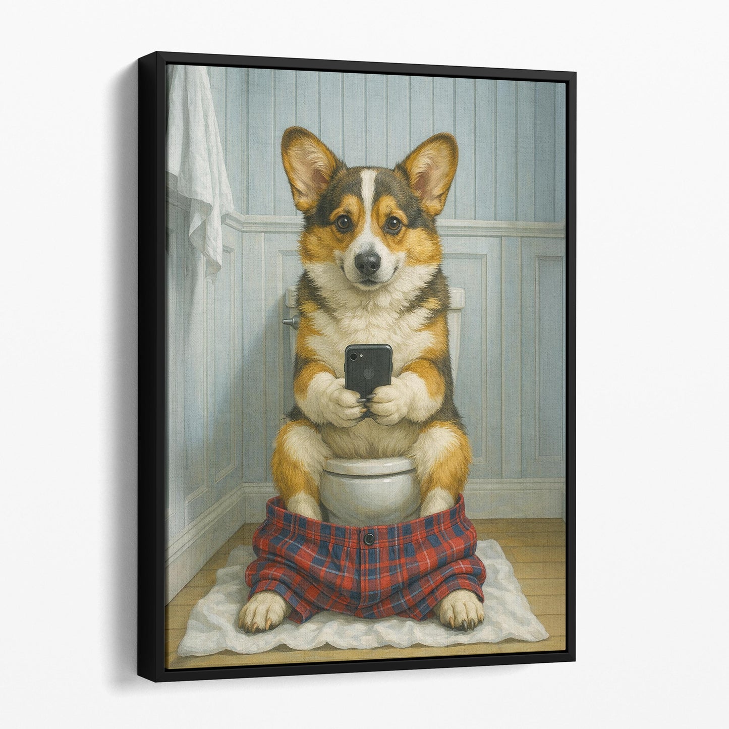 Cardigan Welsh Corgi Dog On The Phone On The Toilet