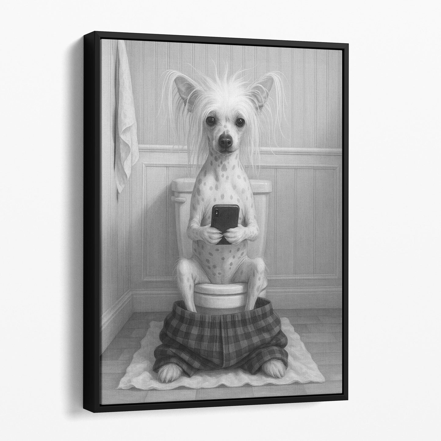 Chinese Crested Dog On The Phone On The Toilet