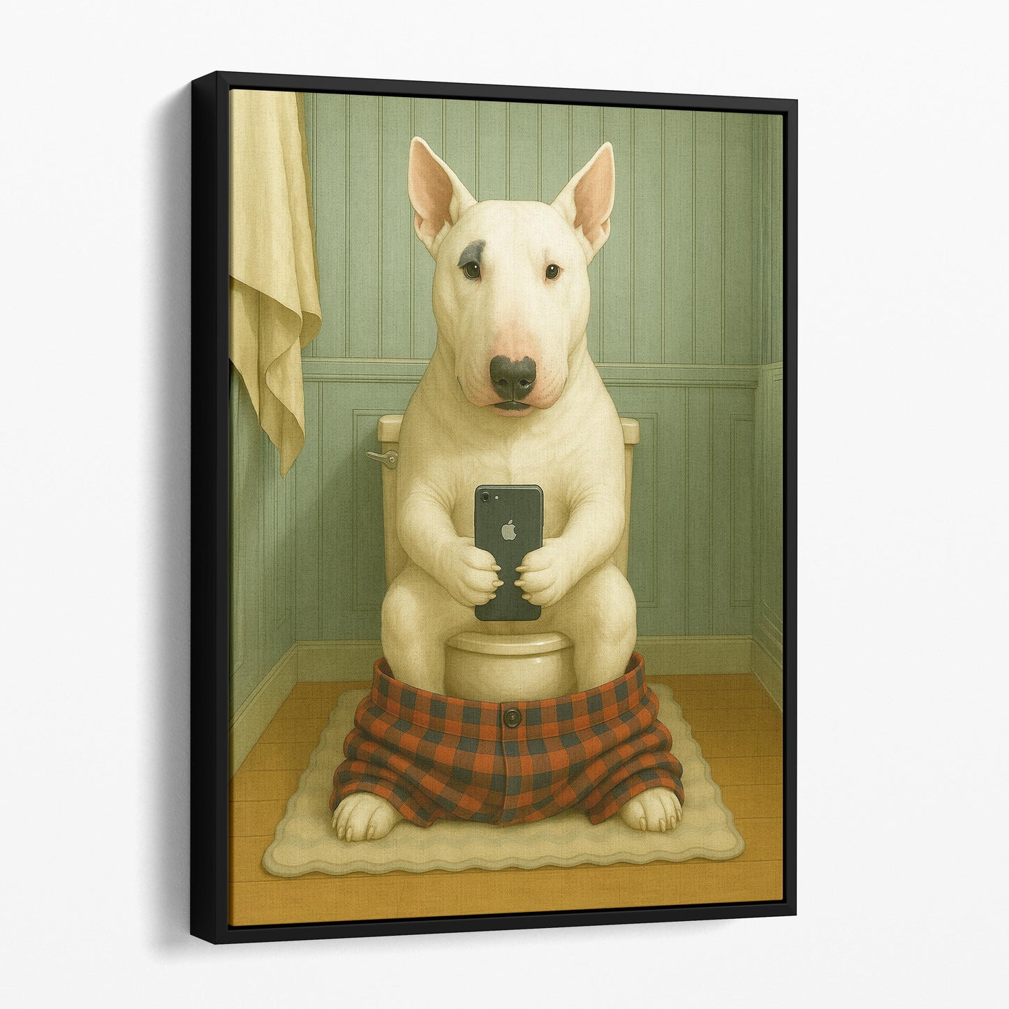 Bull Terrier Dog On The Phone On The Toilet