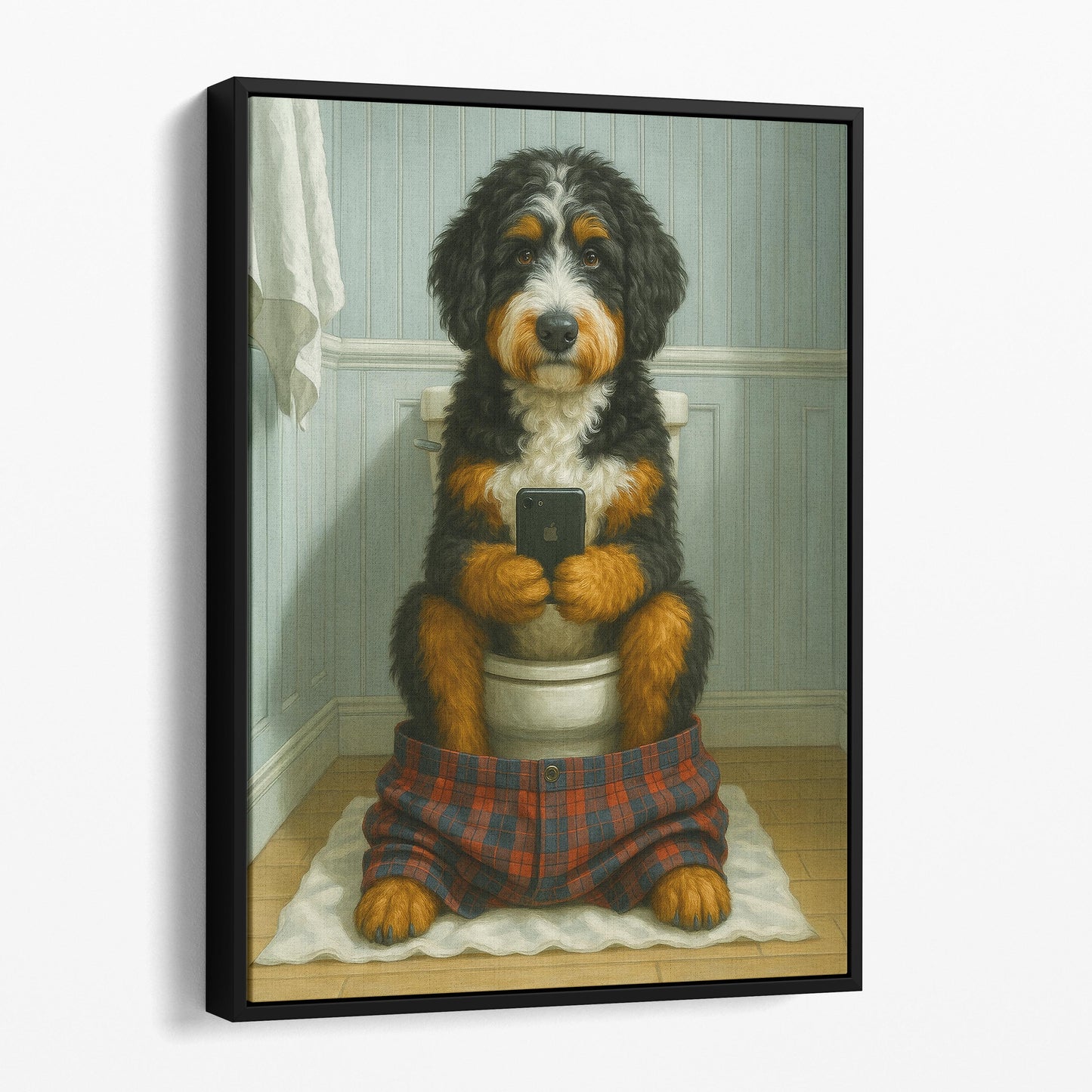 Bernedoodle Dog On The Phone On The Toilet