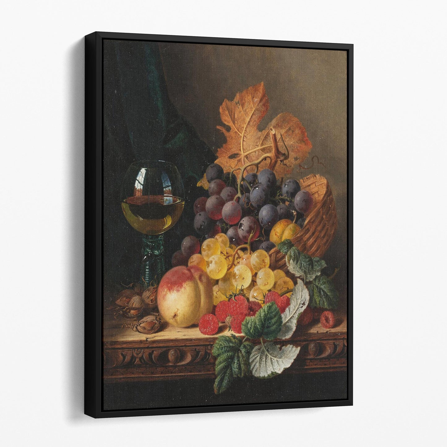 A Still Life of Black Grapes, a Peach, a Plum, Hazelnuts, a Metal Casket and a Wine Glass on a Carved Wooden Ledge - Edward Ladell