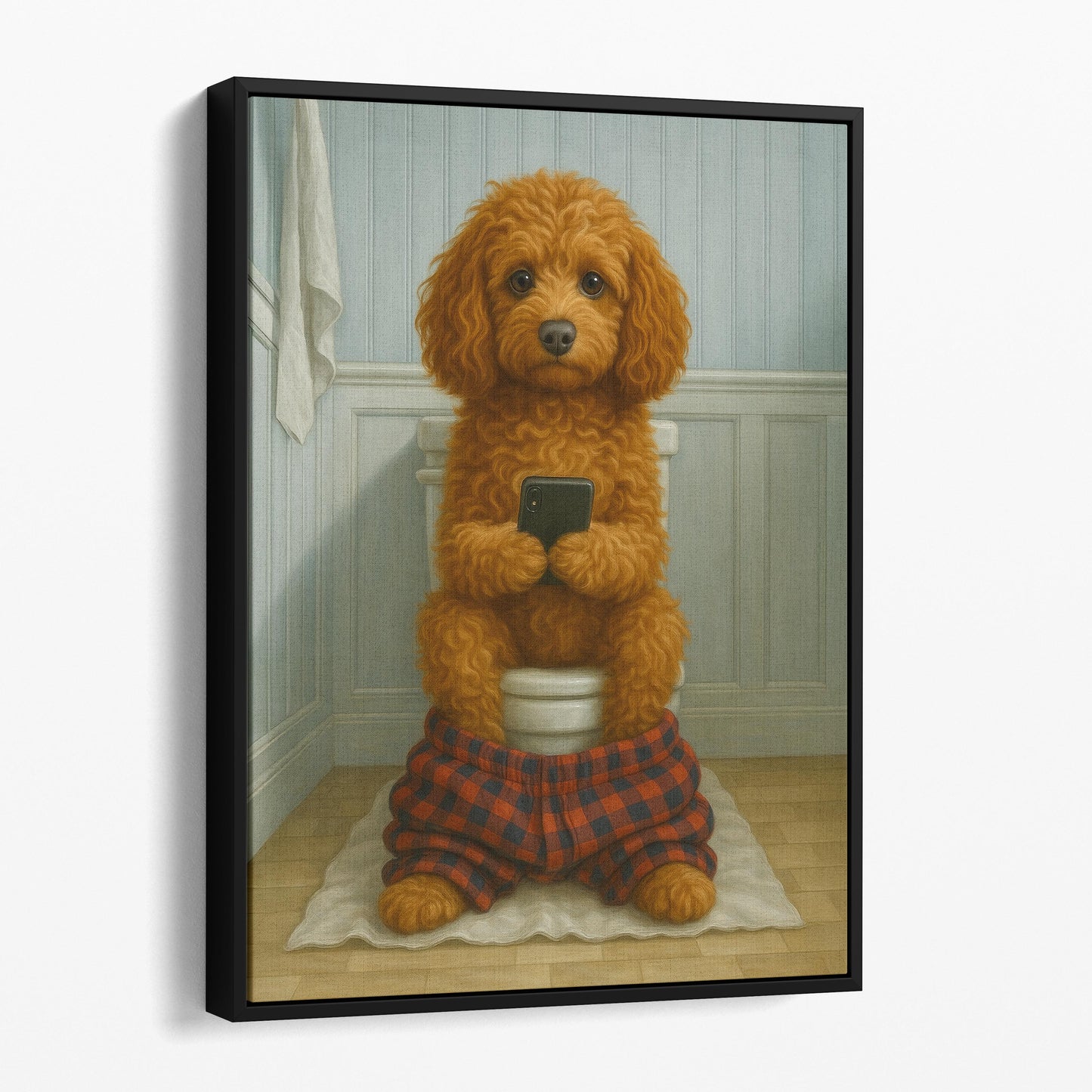 Cockapoo Dog On The Phone On The Toilet