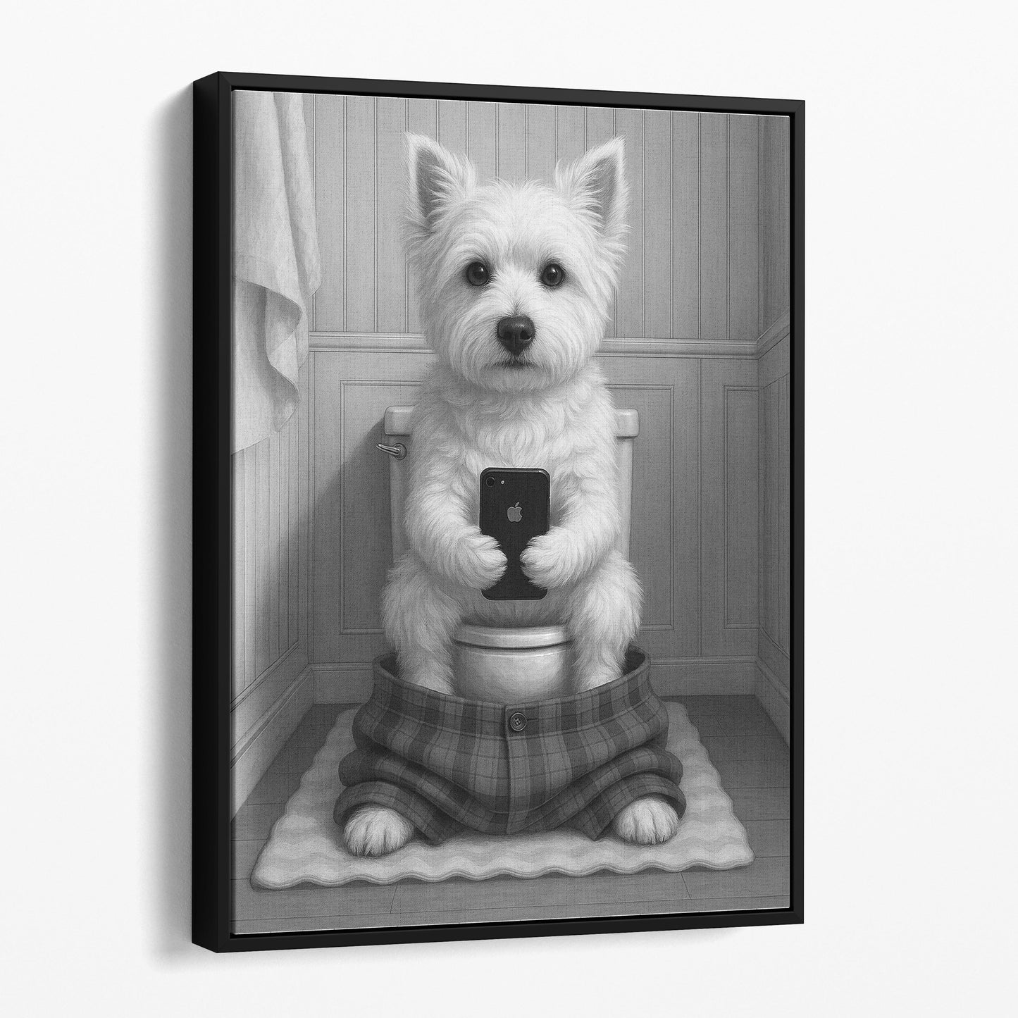 West Highland White Terrier Dog On The Phone On The Toilet