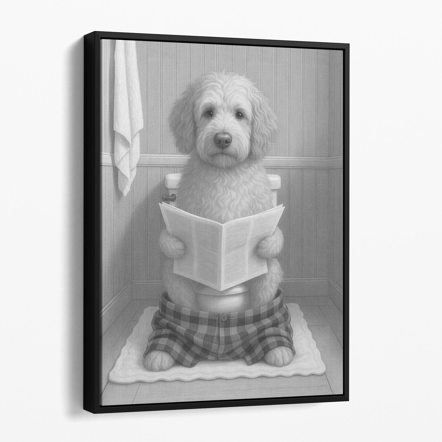 Labradoodle Dog Reading The Newspaper On The Toilet