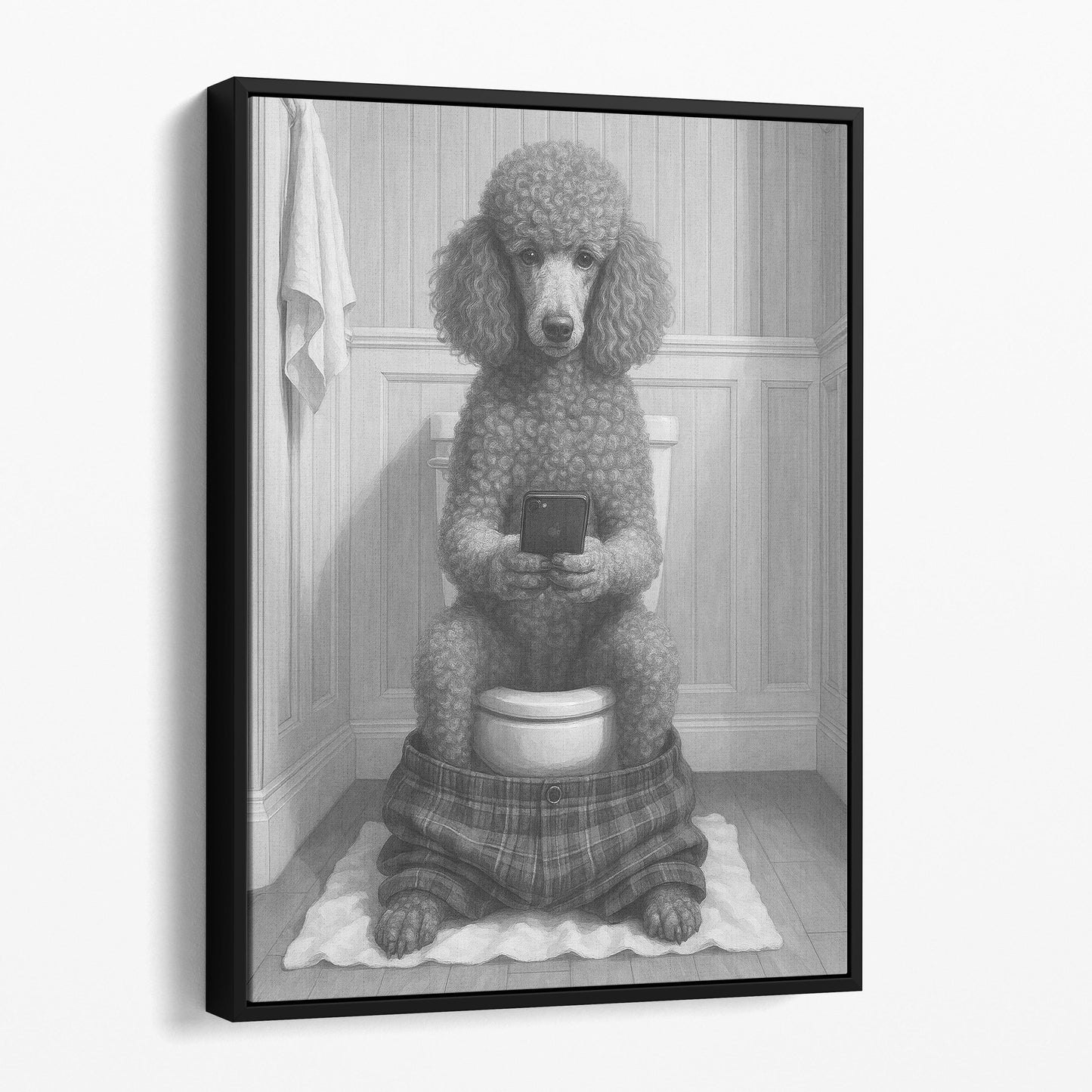French Poodle Dog On The Phone On The Toilet