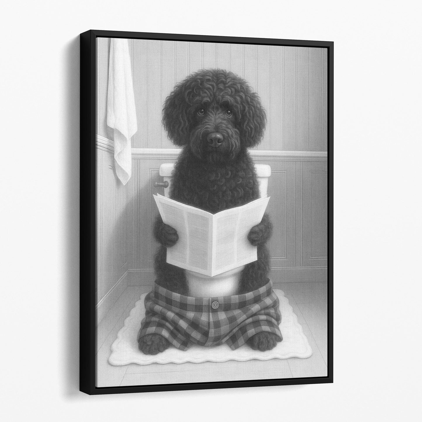 Portuguese Water Dog Reading The Newspaper On The Toilet