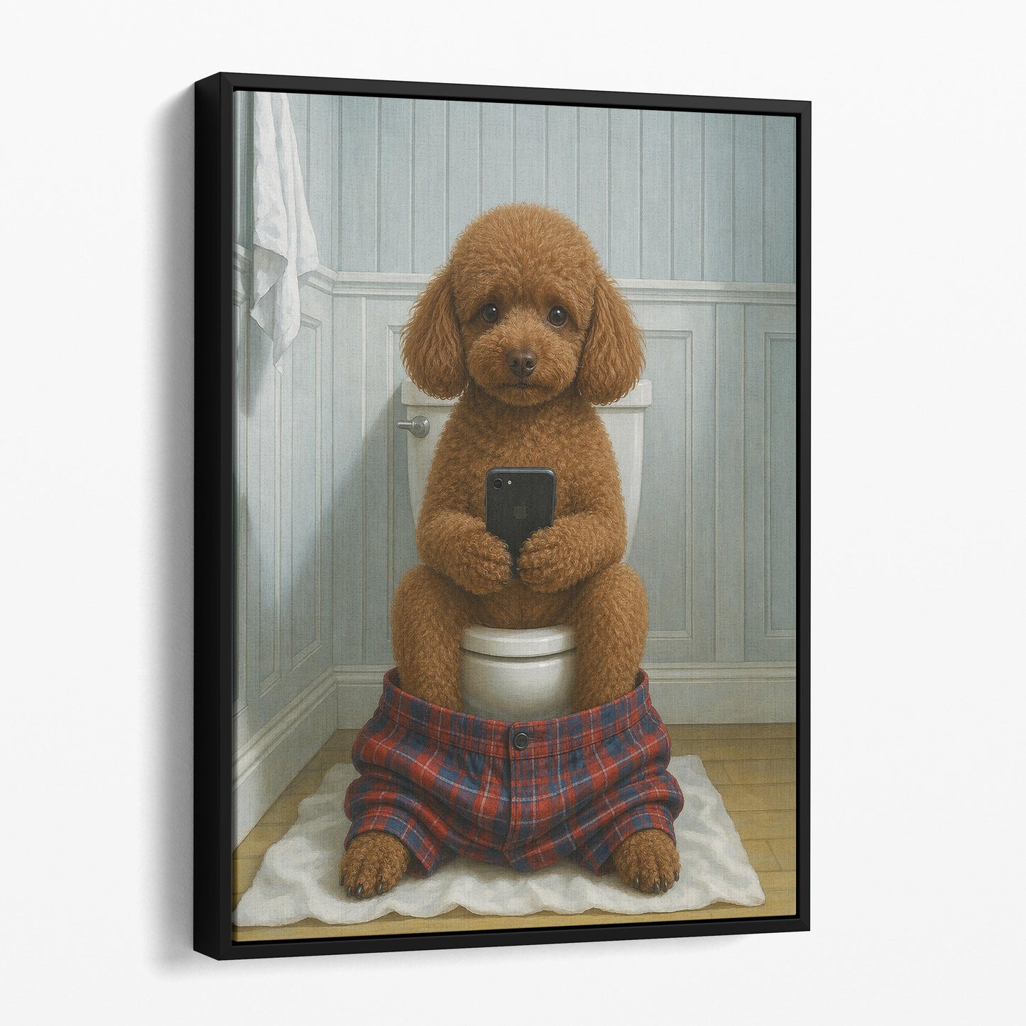 Brown Toy Poodle On The Phone On The Toilet