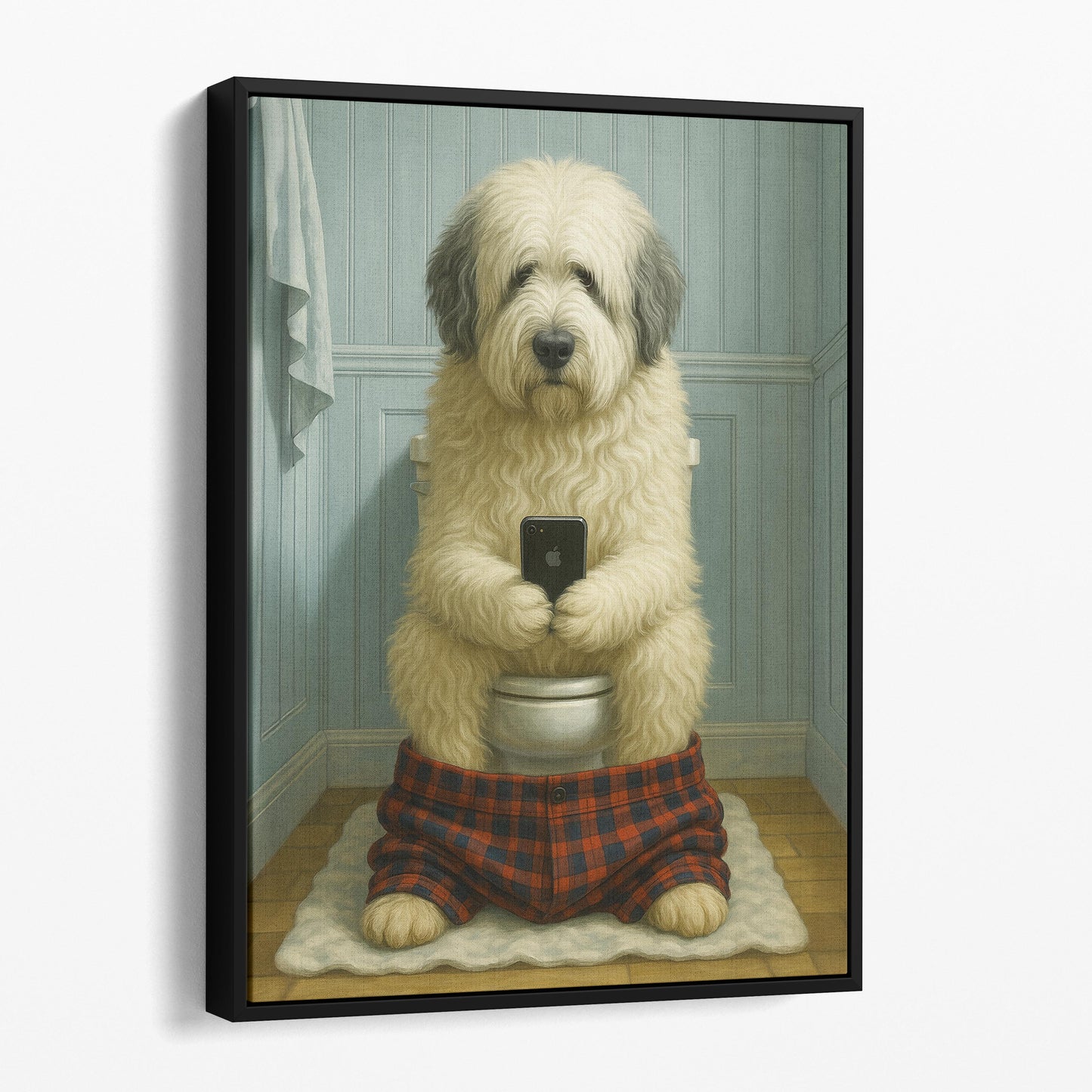 Old English Sheepdog On The Phone On The Toilet