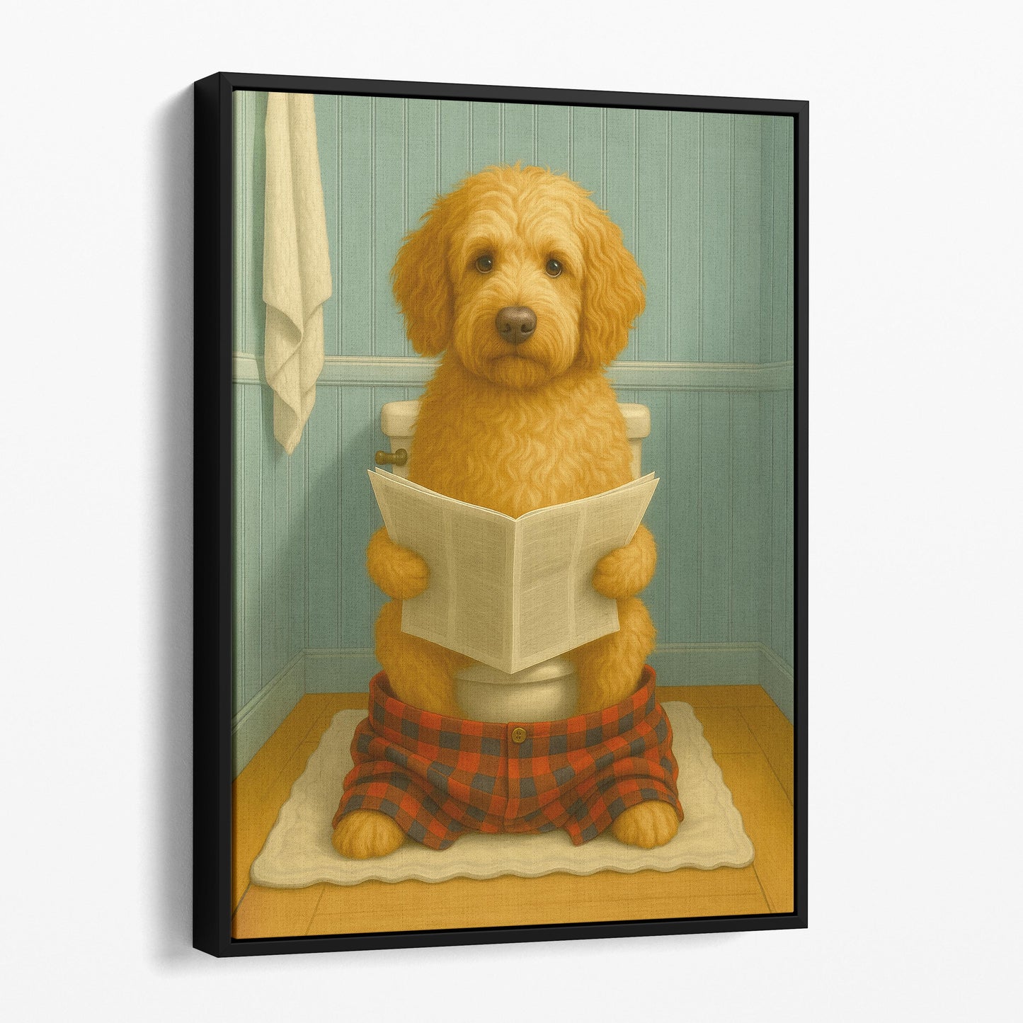 Labradoodle Dog Reading The Newspaper On The Toilet