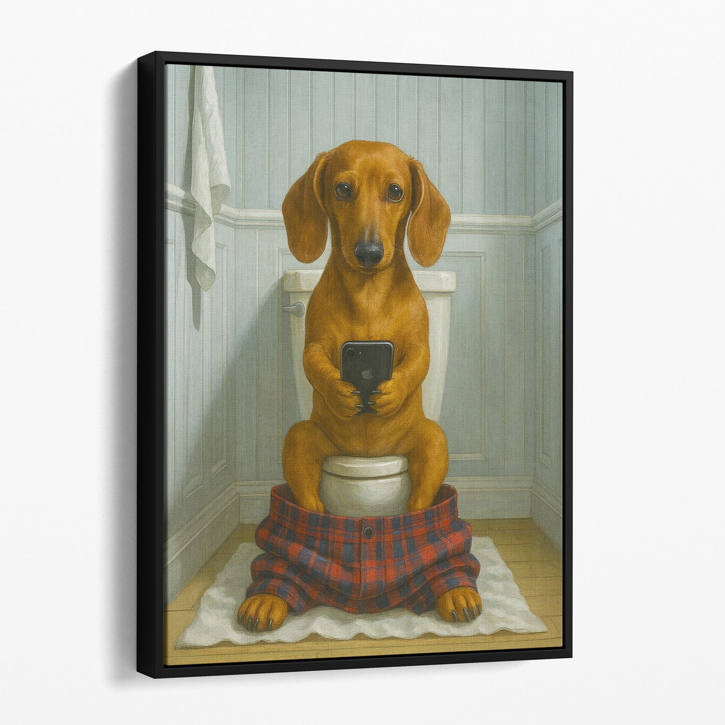 Dachshund Dog On The Phone On The Toilet