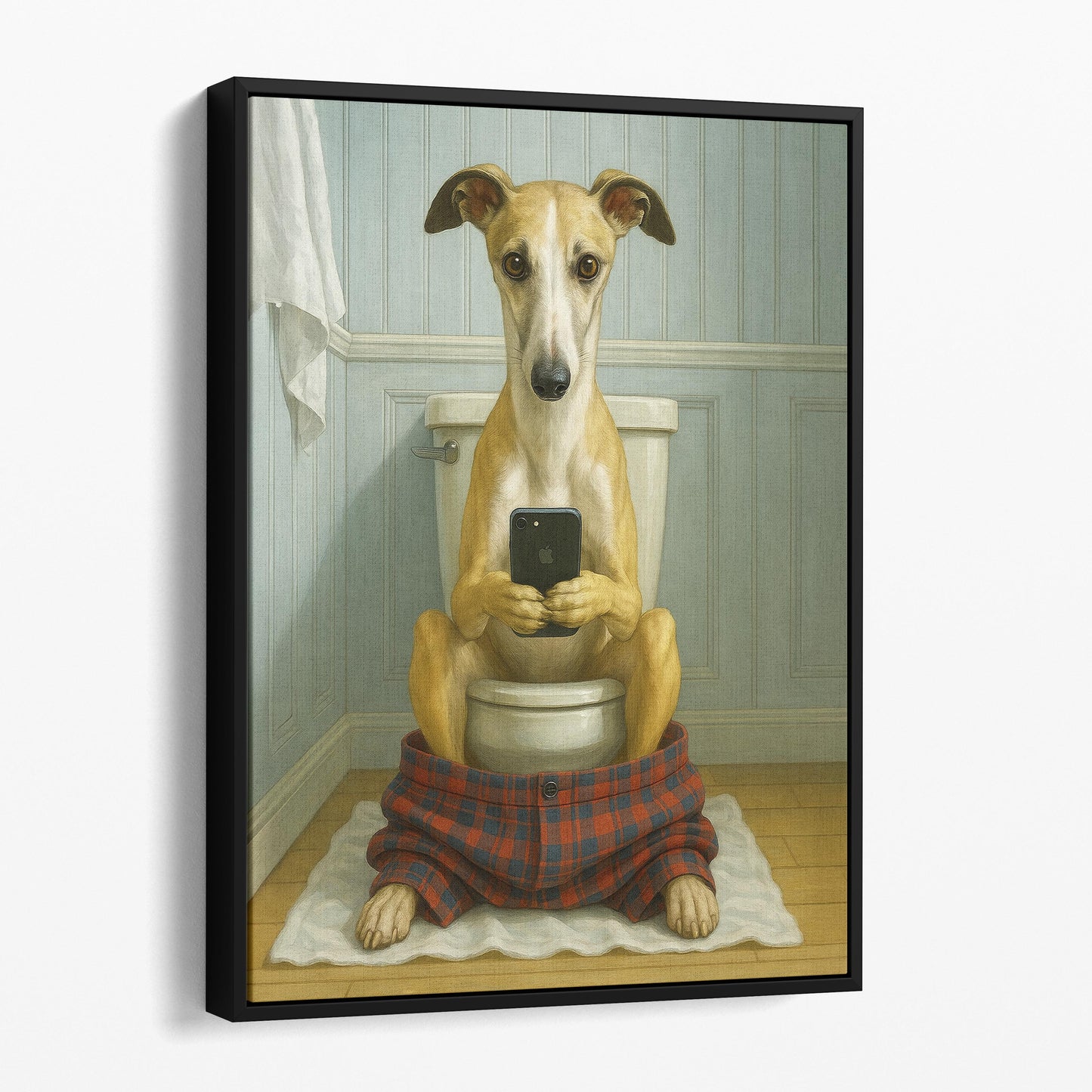 Whippet Dog On The Phone On The Toilet