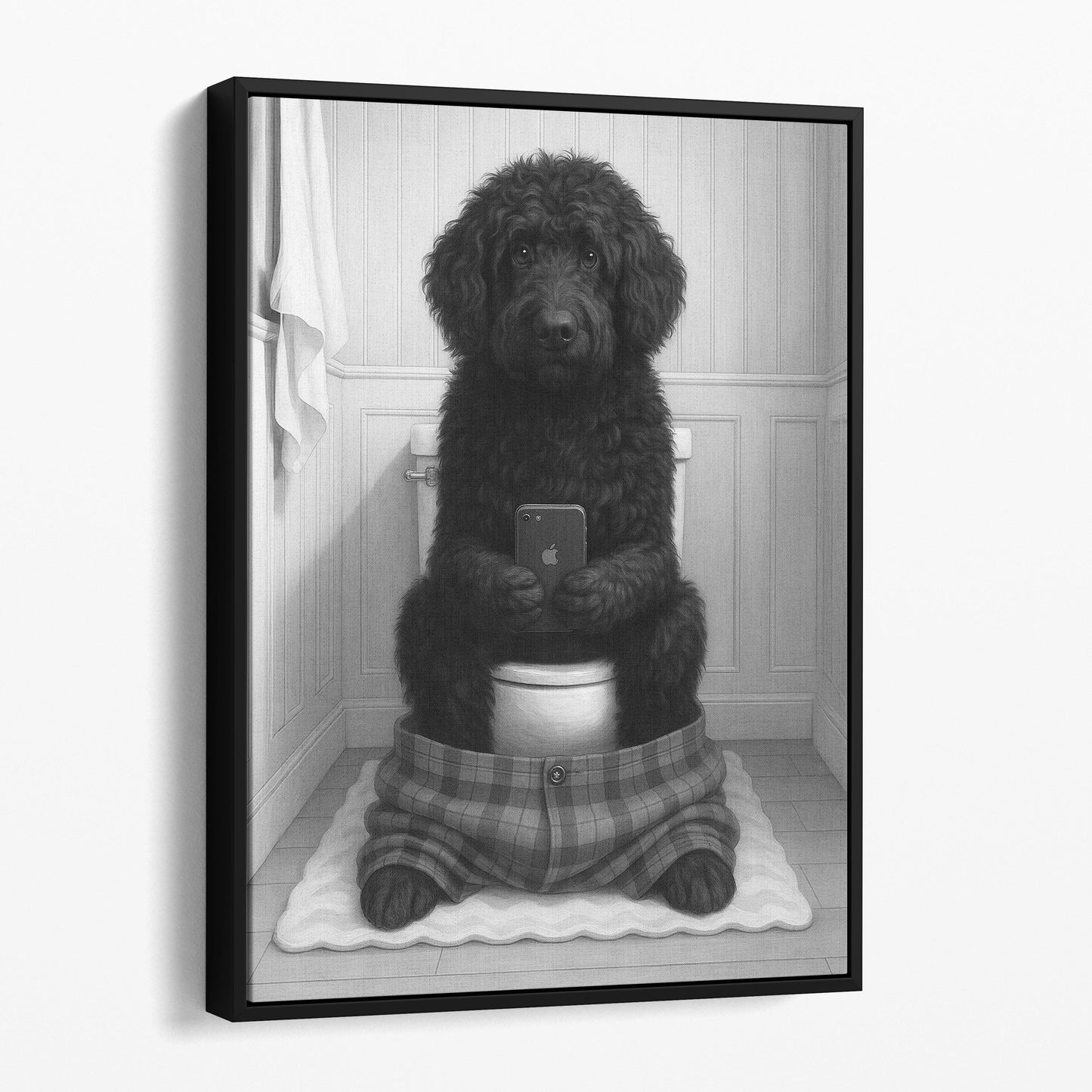 Portuguese Water Dog On The Phone On The Toilet