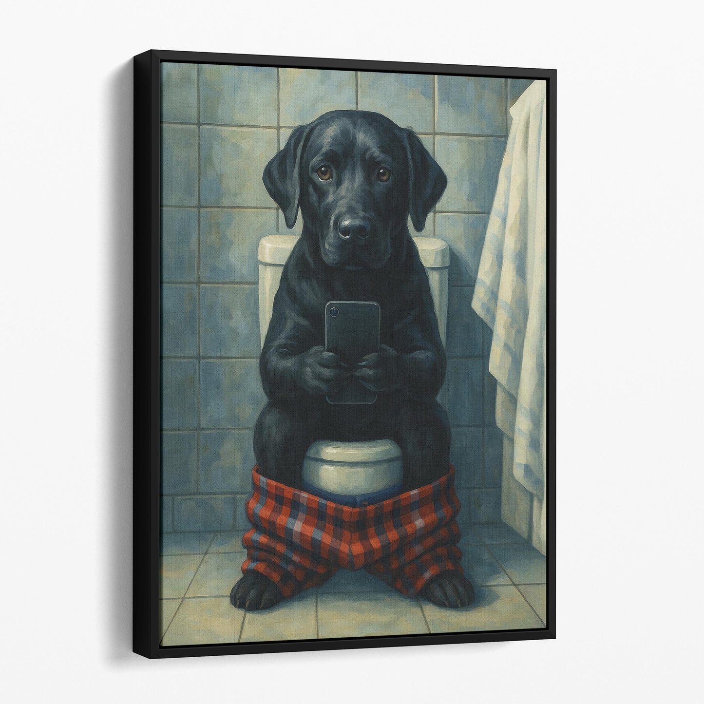 Black Labrador Retriever On The Toilet On The Phone