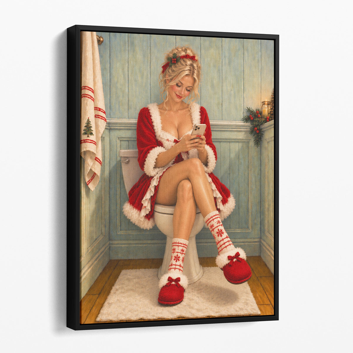 Young Mrs. Claus On The Phone On The Toilet