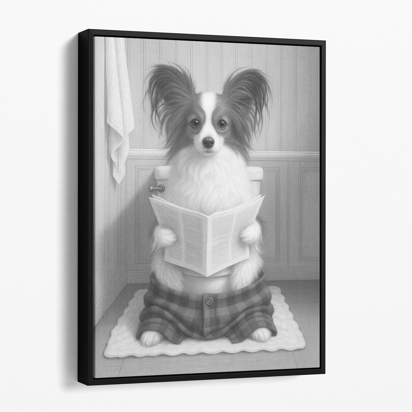 Papillon Dog Reading The Newspaper On The Toilet