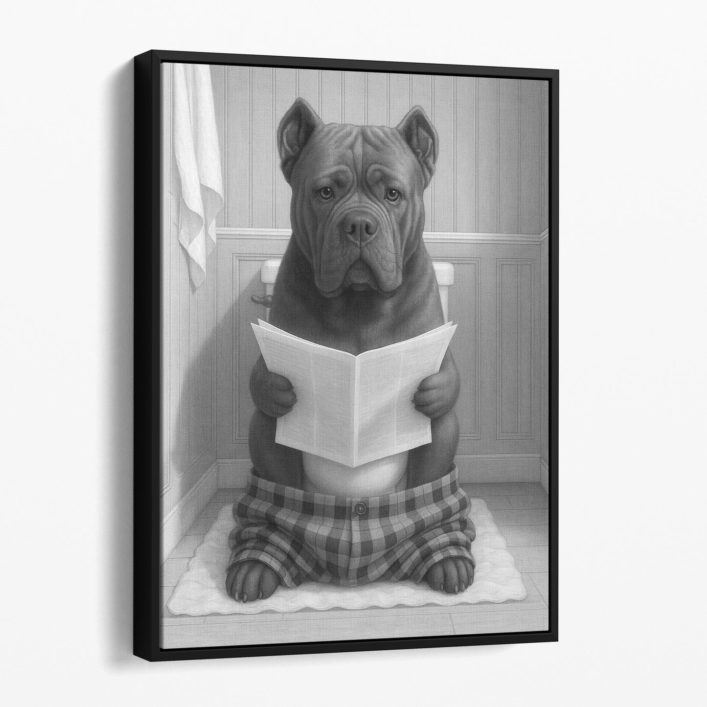 Cane Corso Dog Reading The Newspaper On The Toilet