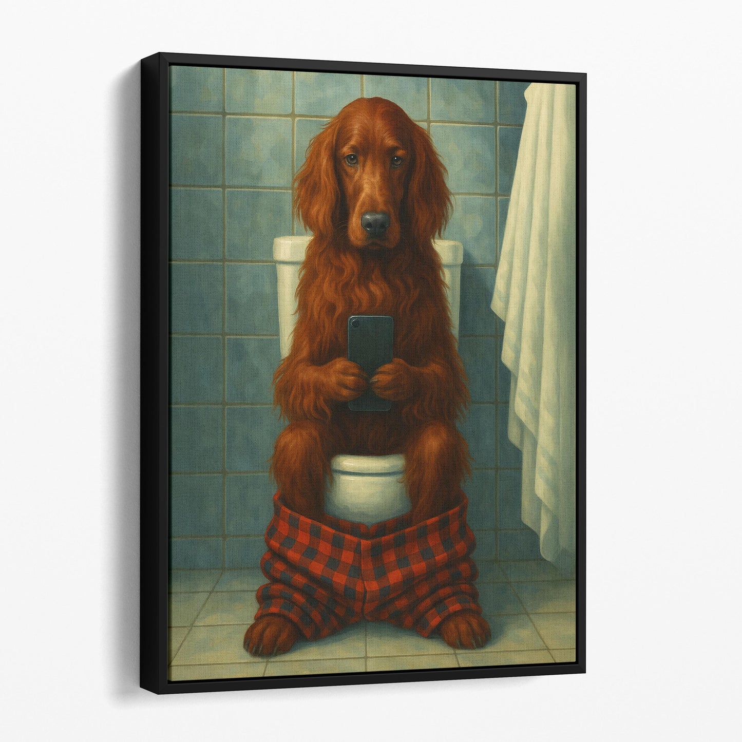 Irish Setter Dog On The Phone On The Toilet