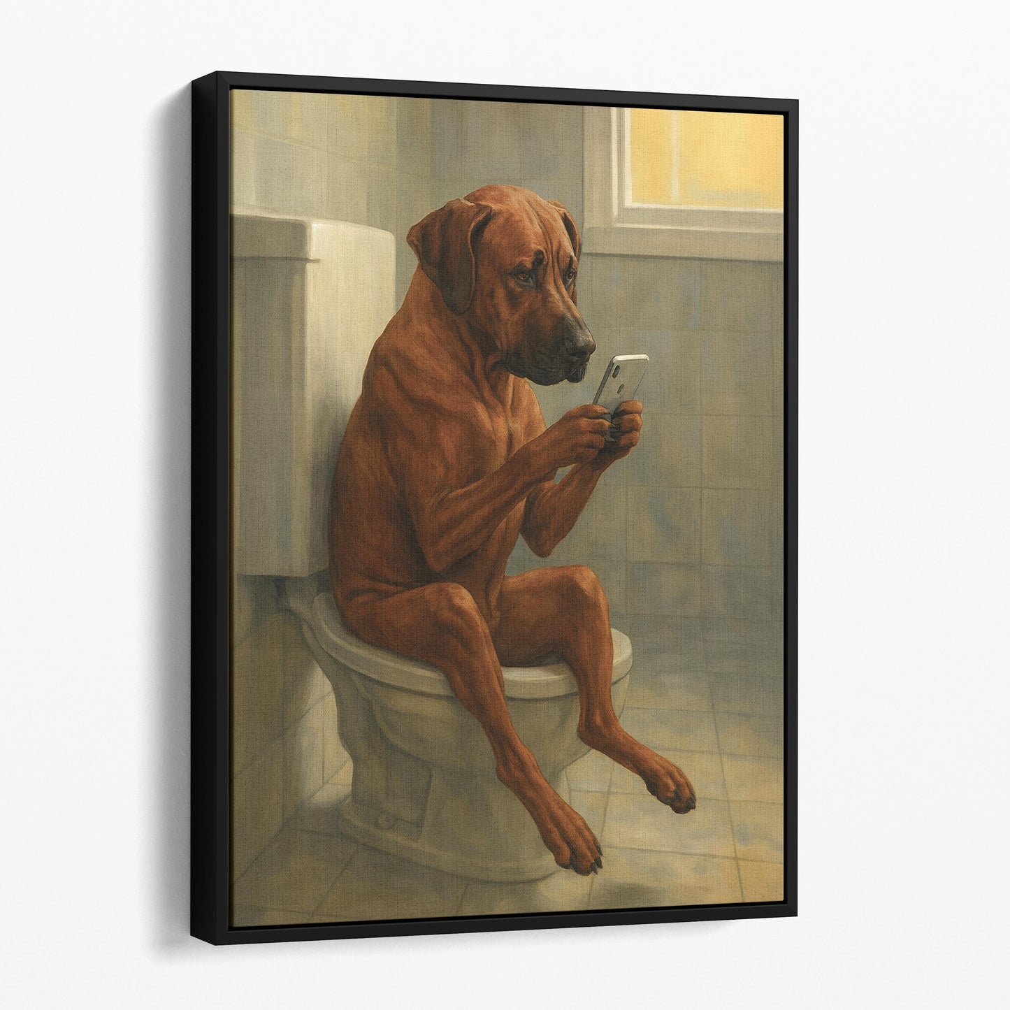 Rhodesian Ridgeback On The Phone On The Toilet
