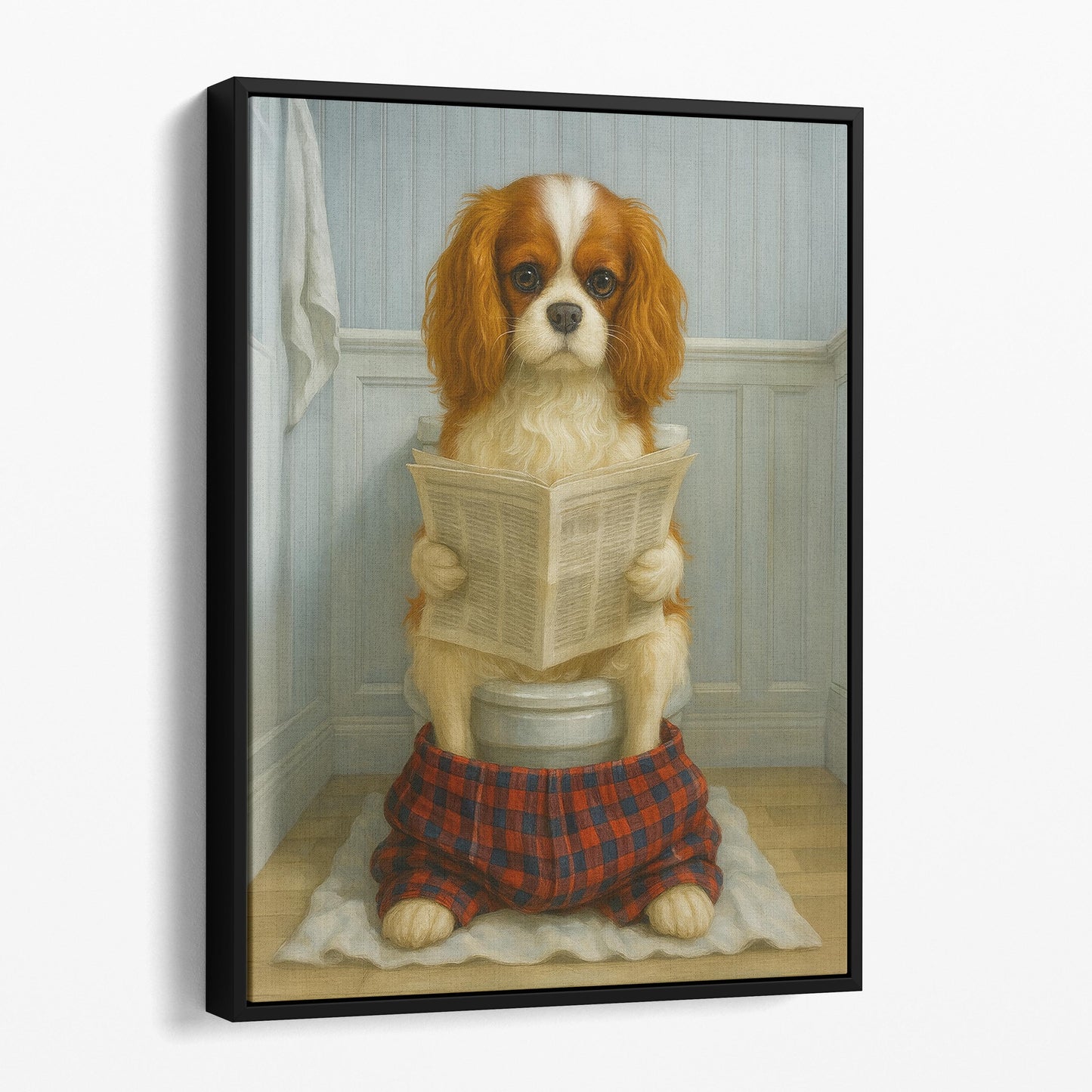 Cavalier King Charles Dog Reading The Newspaper On The Toilet