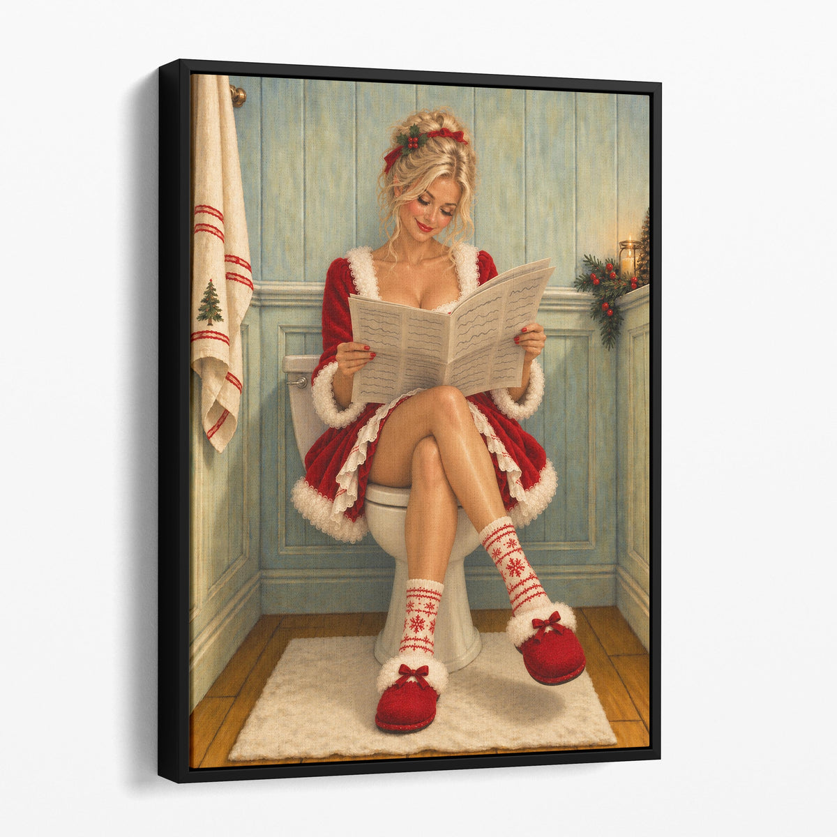 Young Mrs. Claus Reading The Newspaper On The Toilet