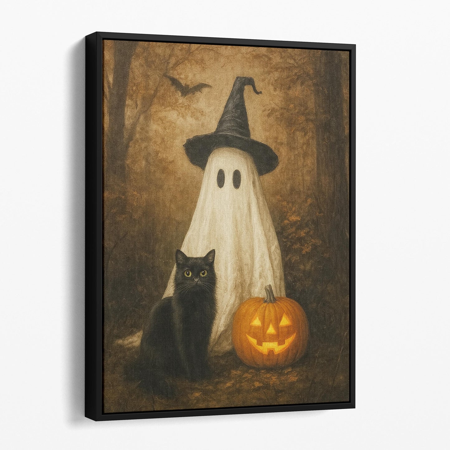 Ghost With A Black Cat And Pumpkin In The Forest
