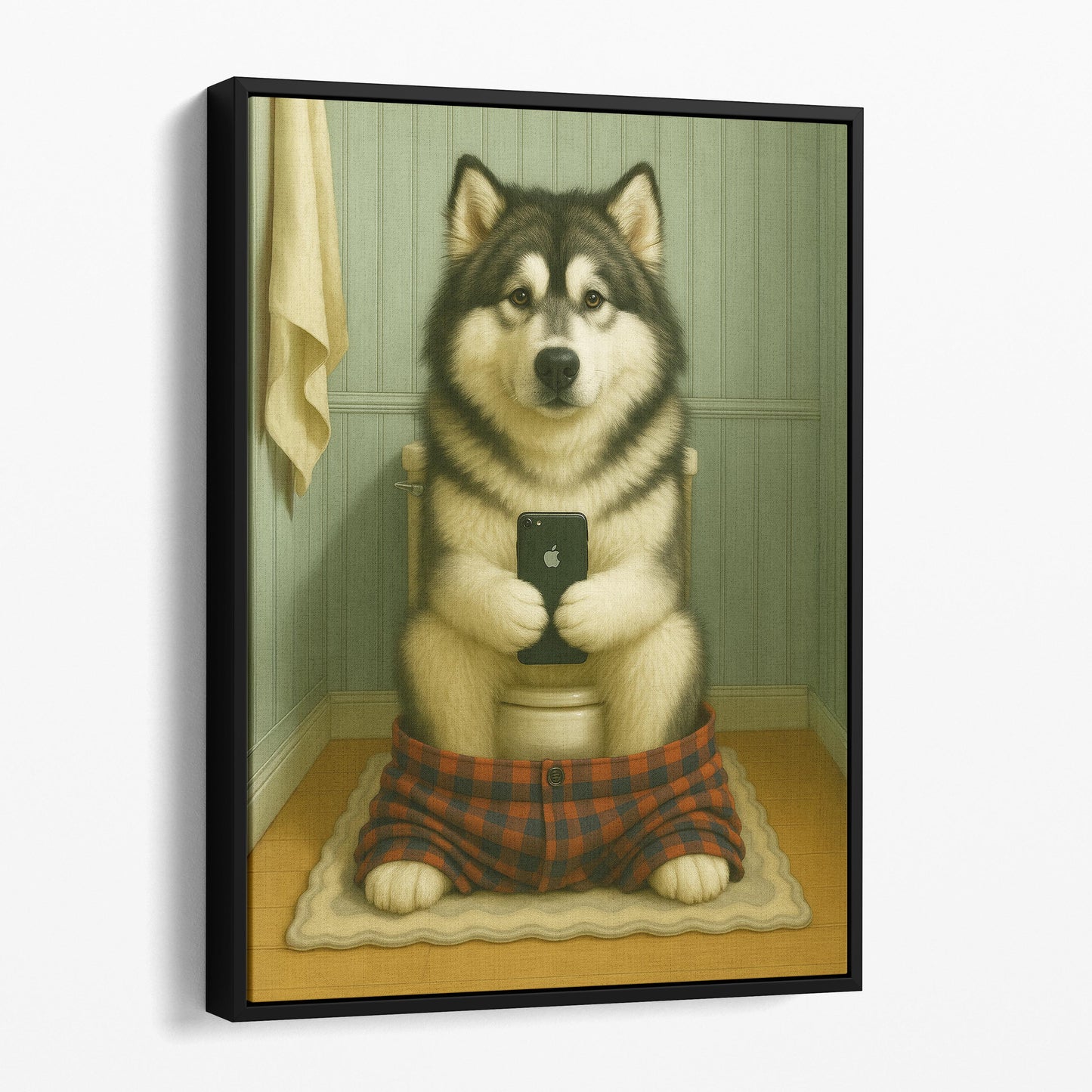 Alaskan Malamute On The Phone On The Toilet