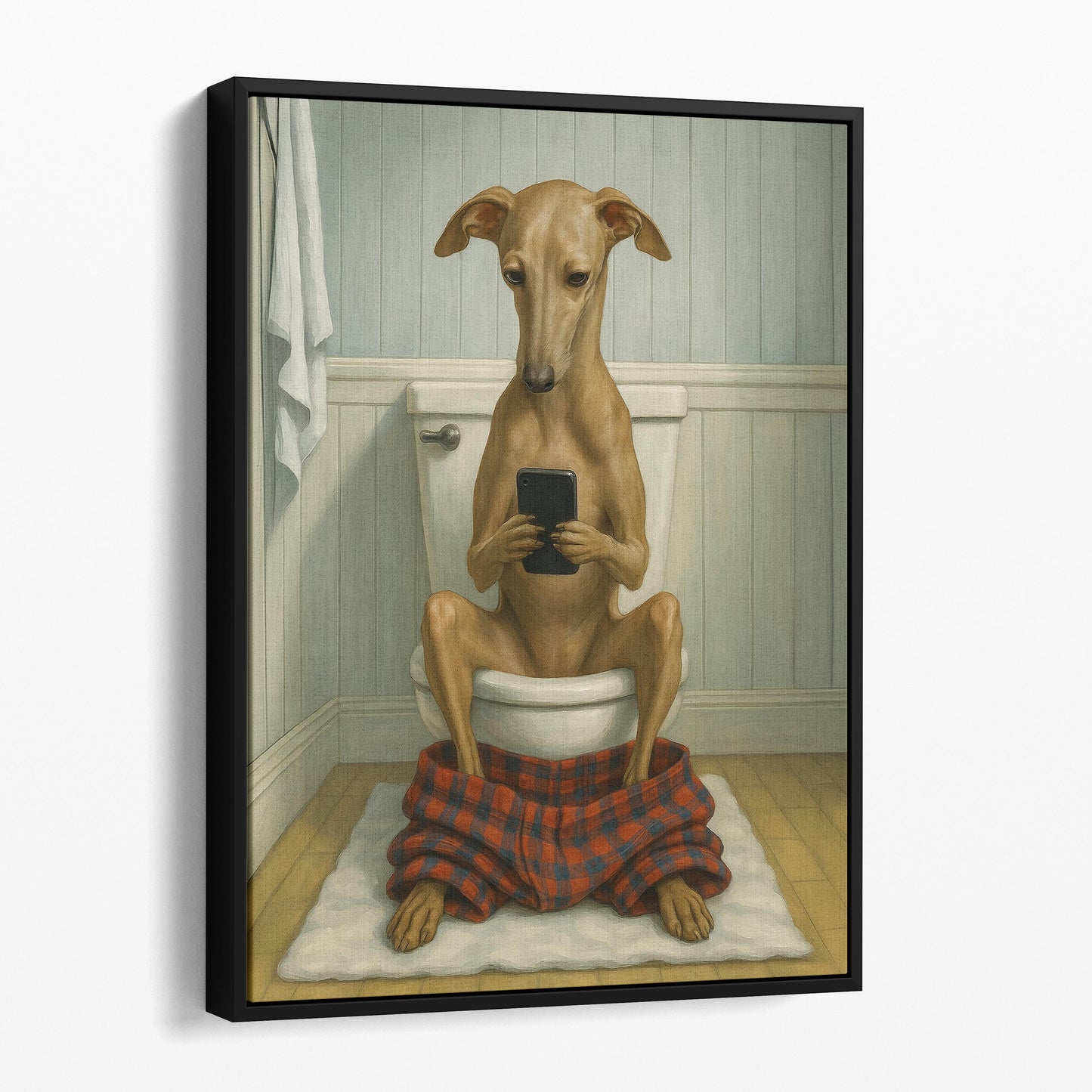 Italian Greyhound Dog On The Phone On The Toilet