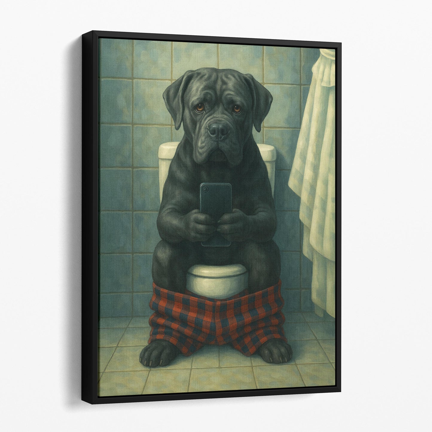 Cane Corso Dog On The Phone On The Toilet