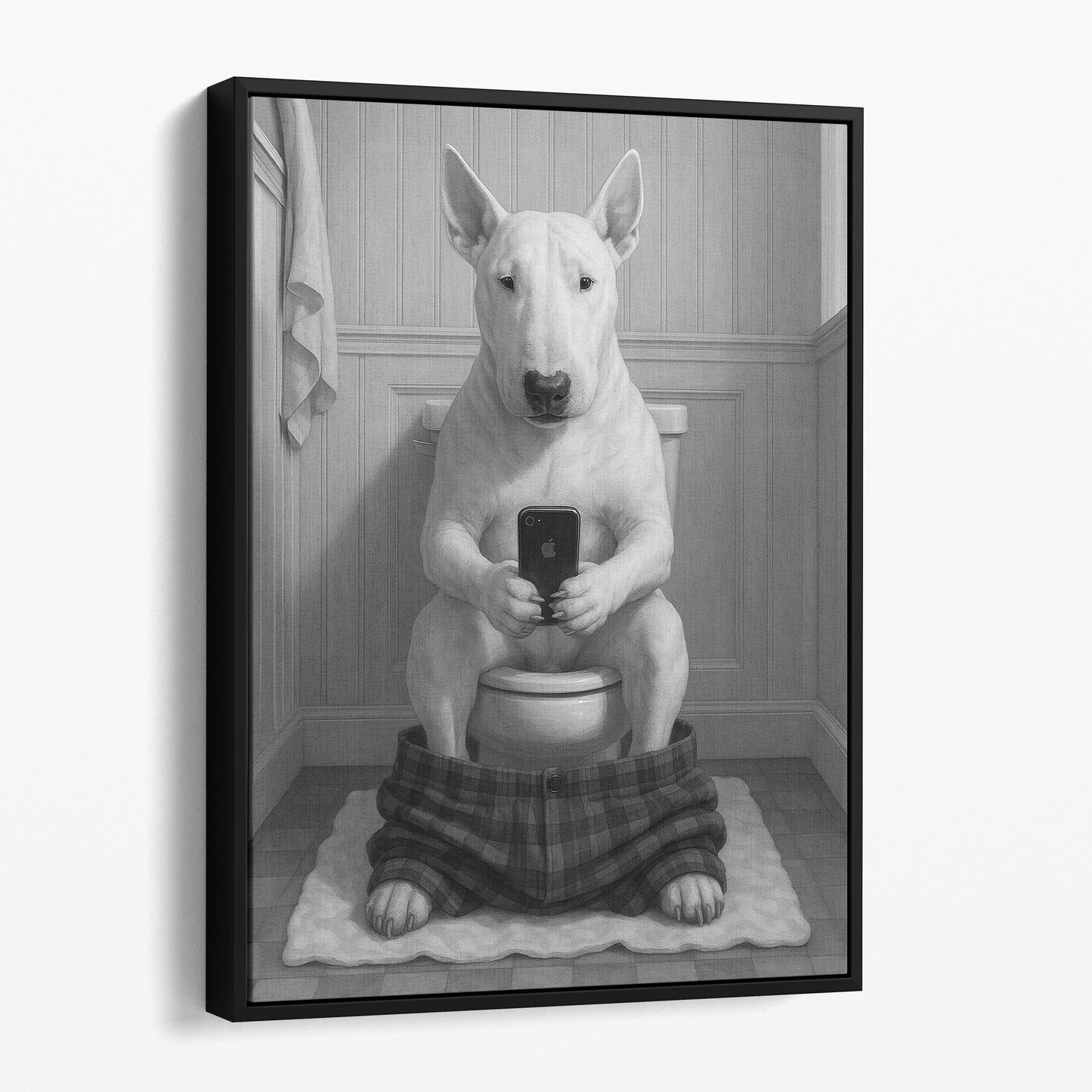 Bull Terrier Dog On The Phone On The Toilet
