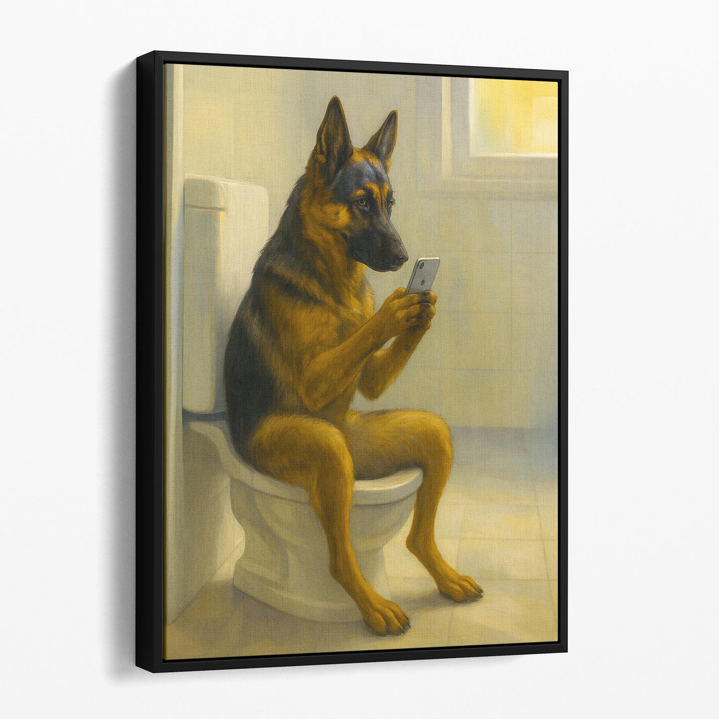 German Shepherd Dog On The Phone On The Toilet