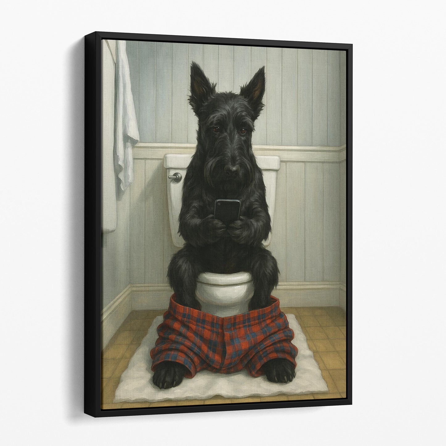 Scottish Terrier Dog On The Phone On The Toilet