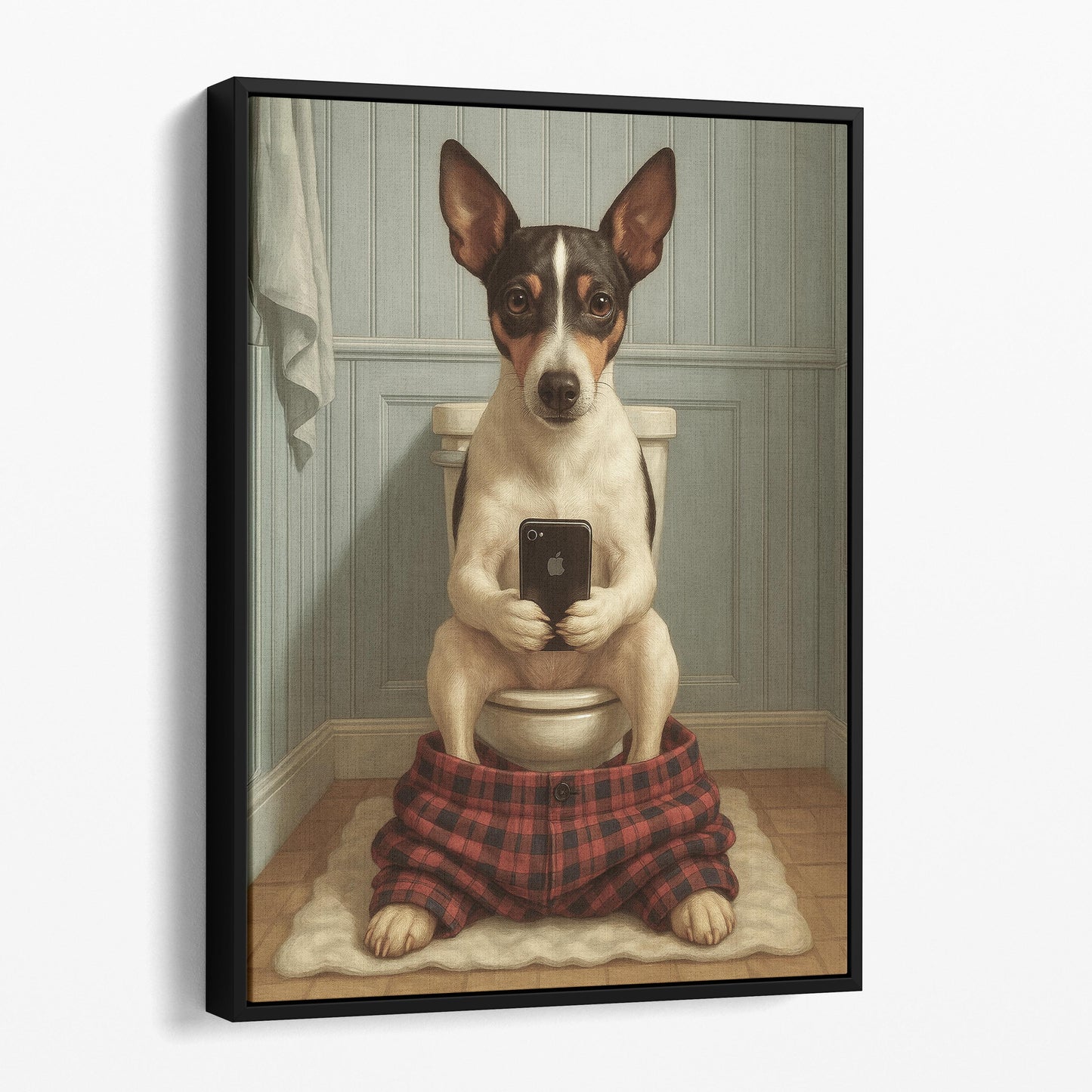 Rat Terrier Dog On The Phone On The Toilet