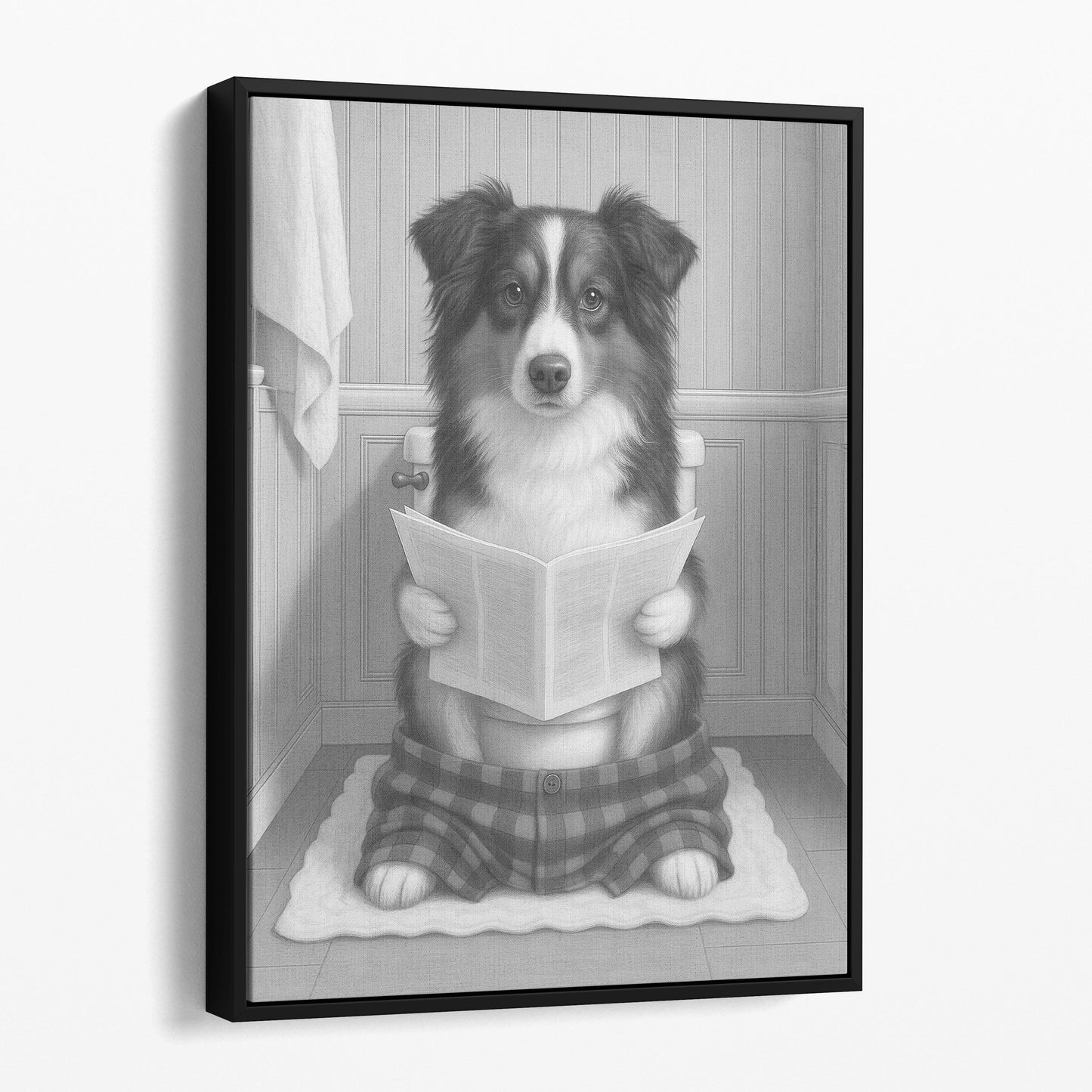 Miniature American Shepherd Dog Reading The Newspaper On The Toilet