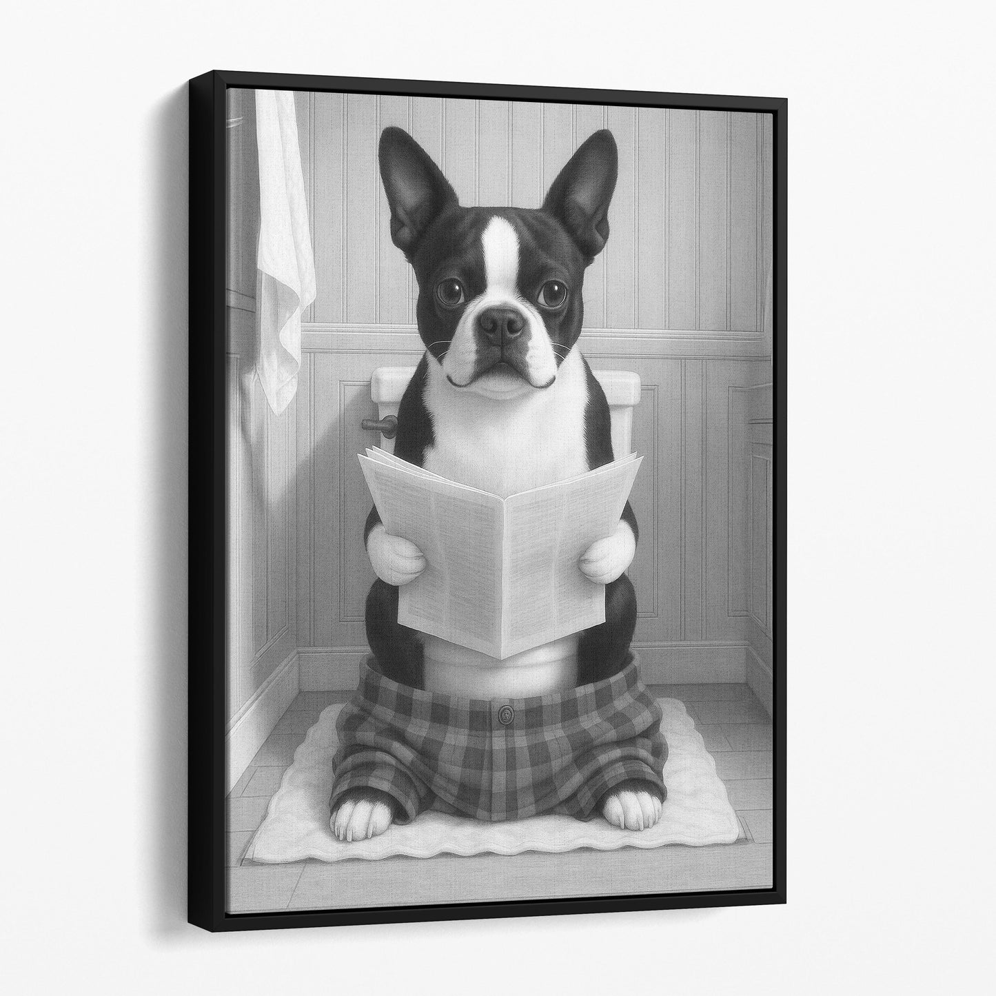 Boston Terrier Dog Reading The Newspaper On The Toilet