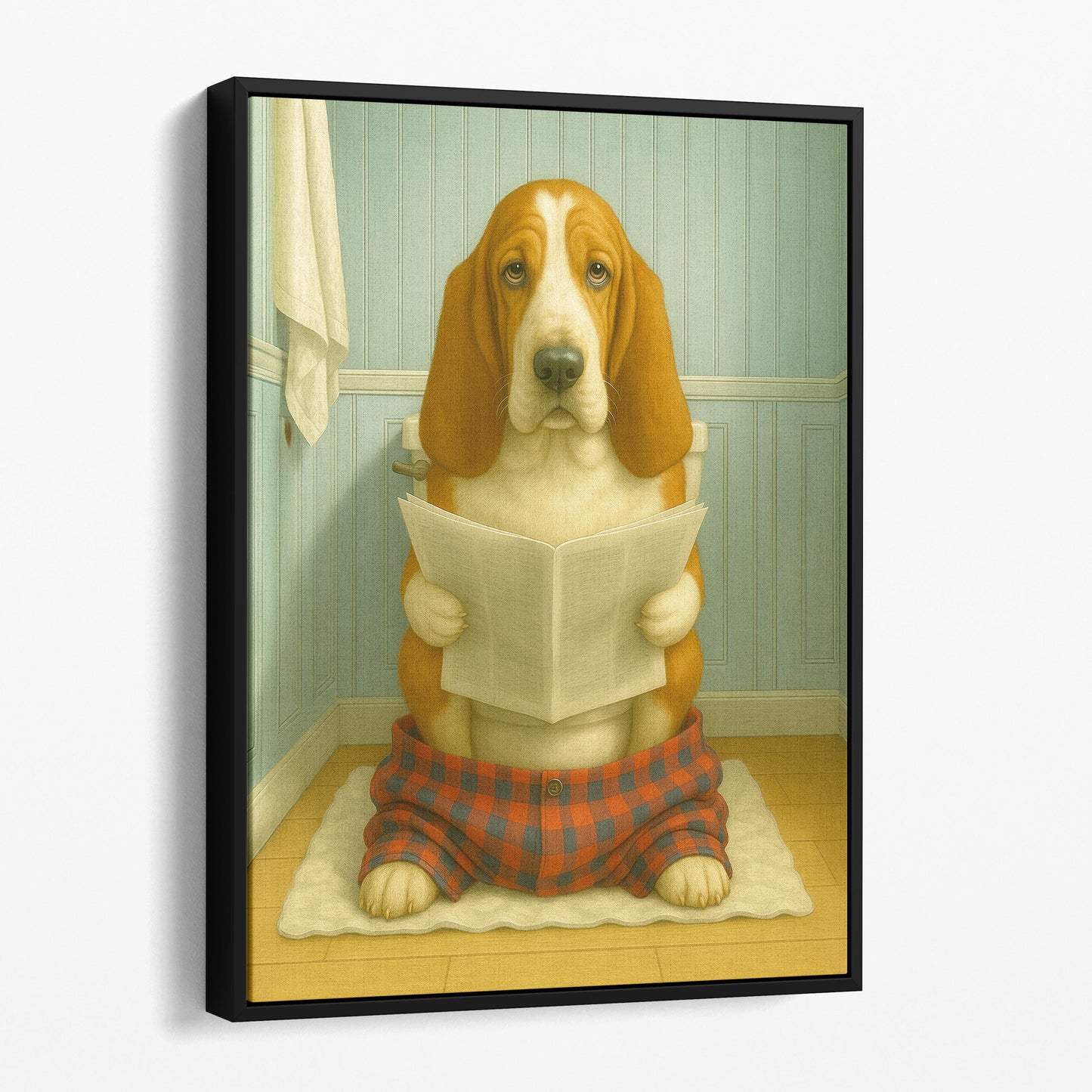 Basset Hound Dog Reading The Newspaper On The Toilet