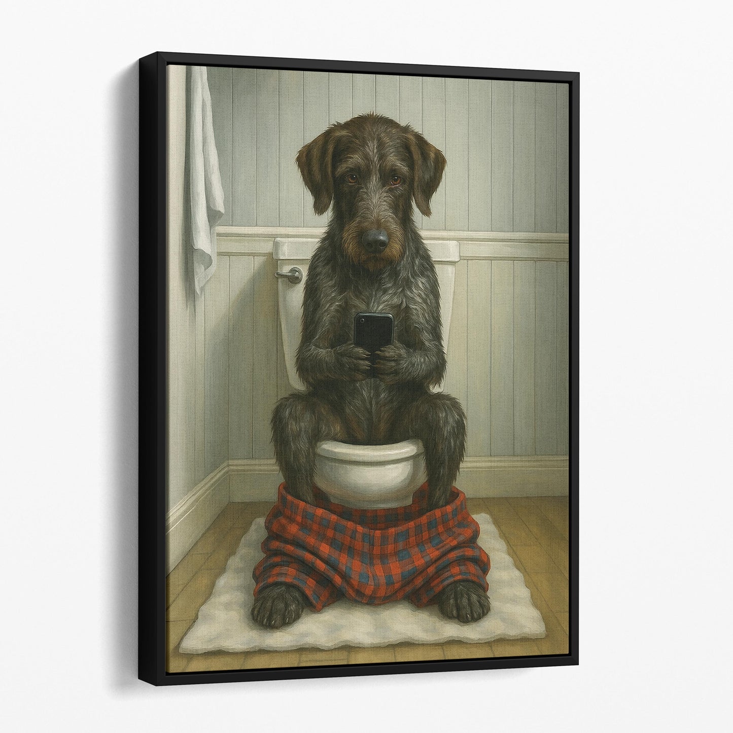 German Wirehaired Pointer Dog On The Phone On The Toilet