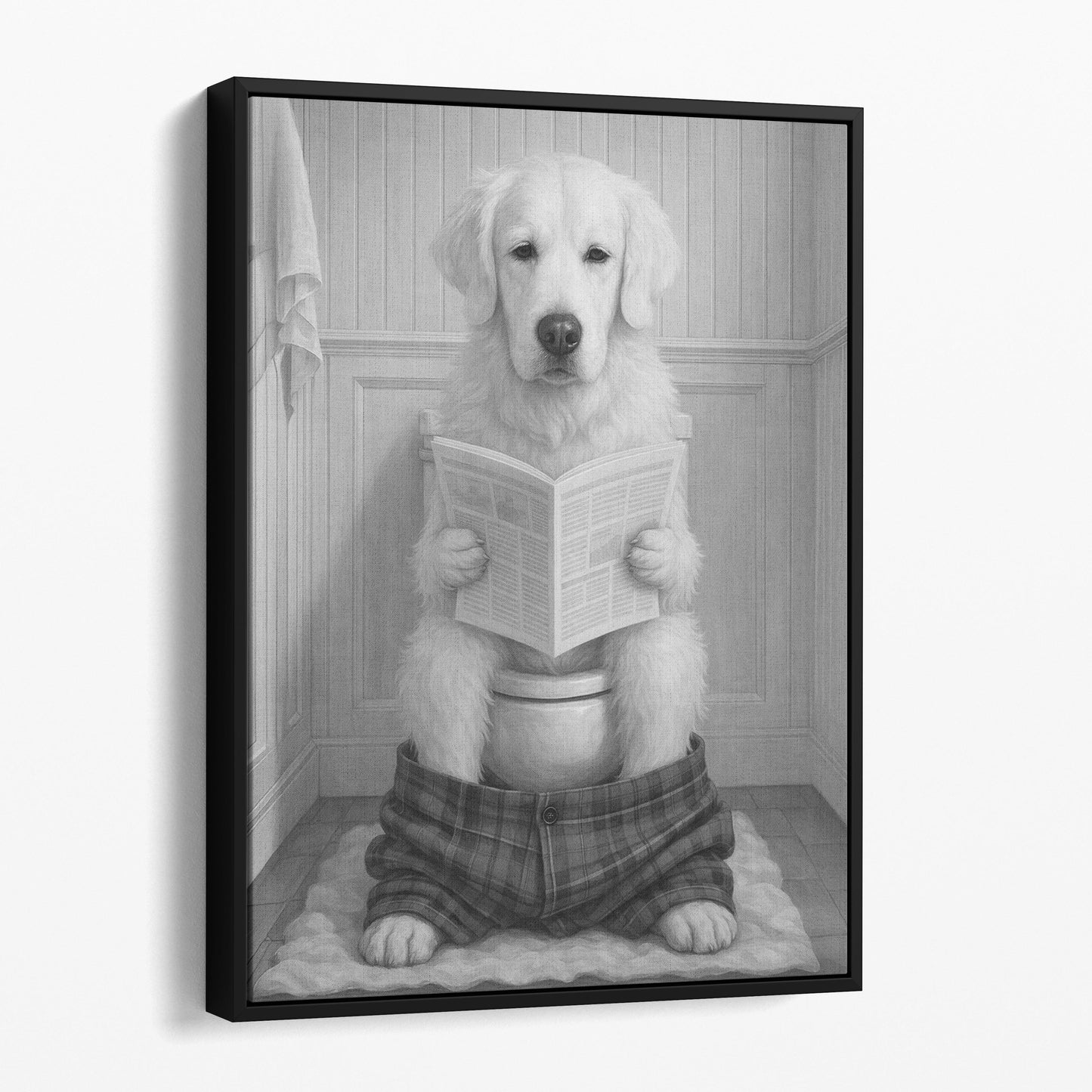 English Cream Golden Retriever Reading The Newspaper On The Toilet
