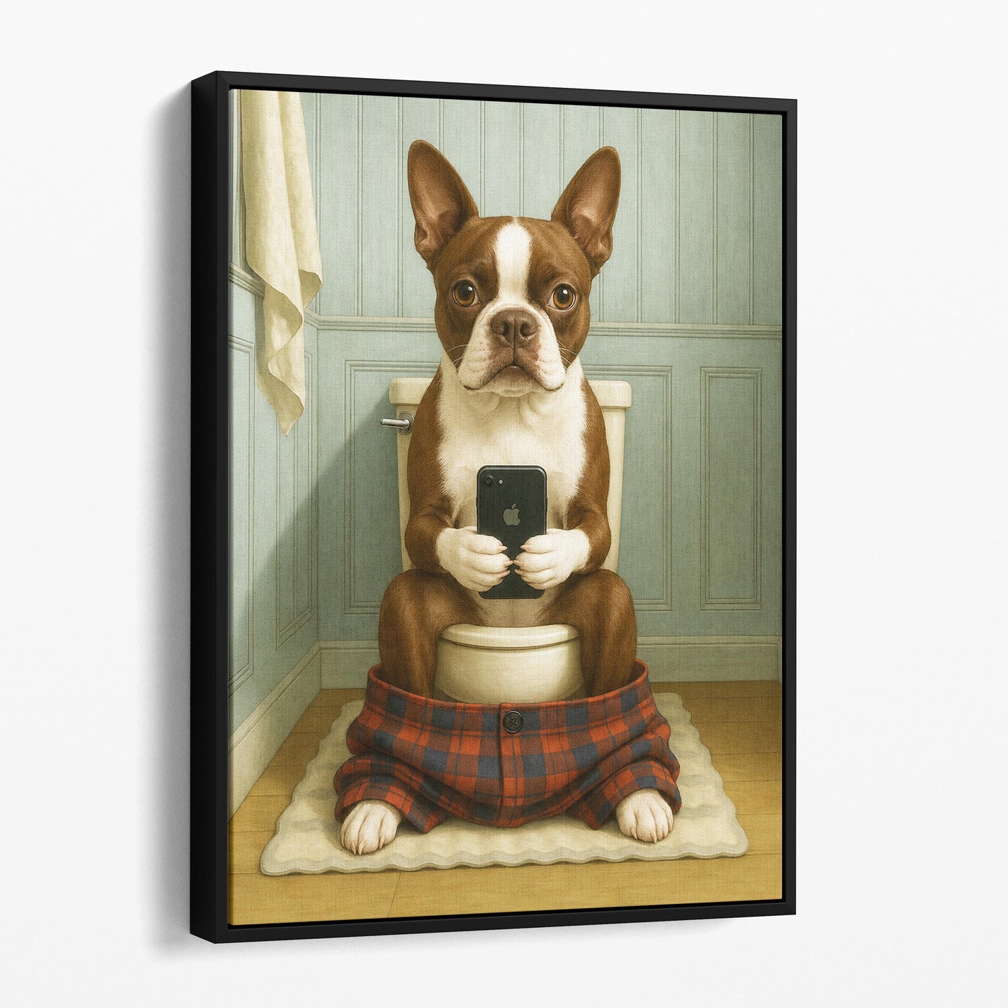 Boston Terrier On The Phone On The Toilet