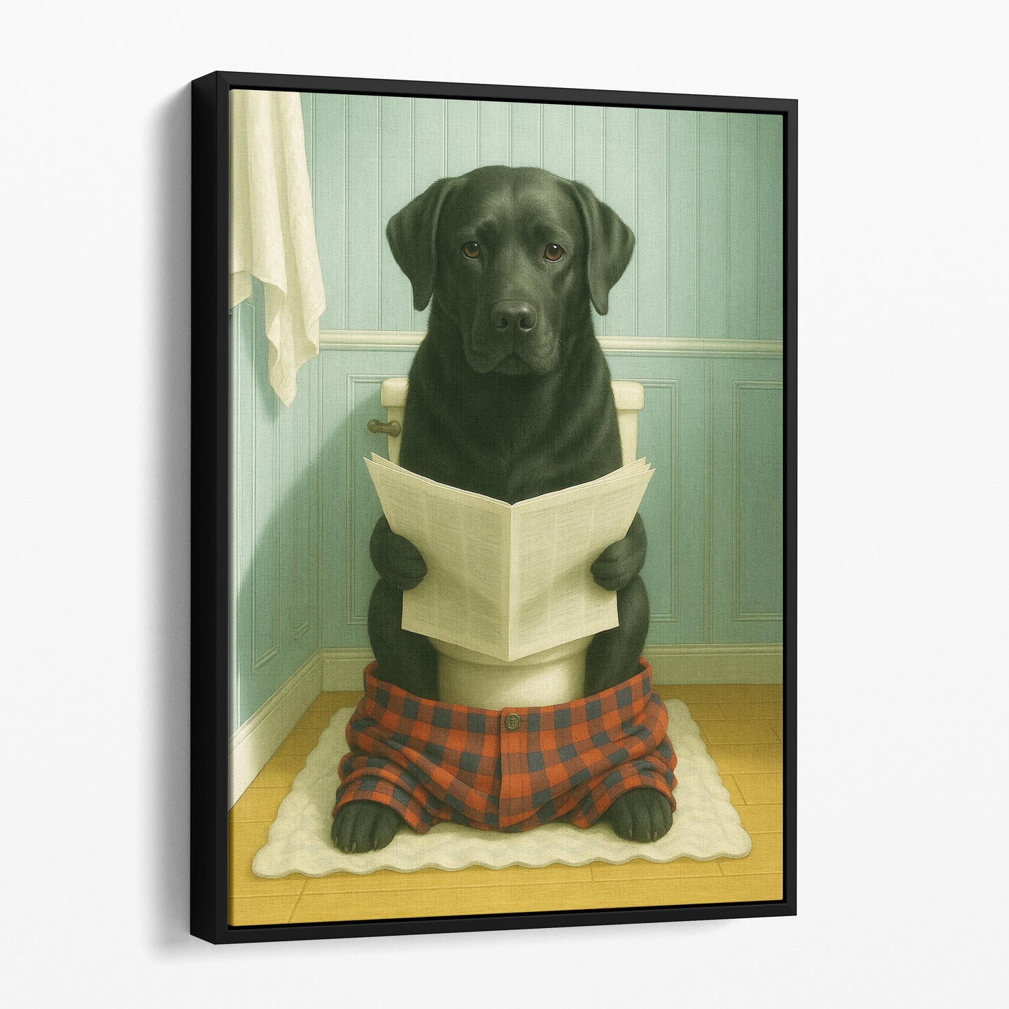Black Labrador Retriever Dog Reading The Newspaper On The Toilet