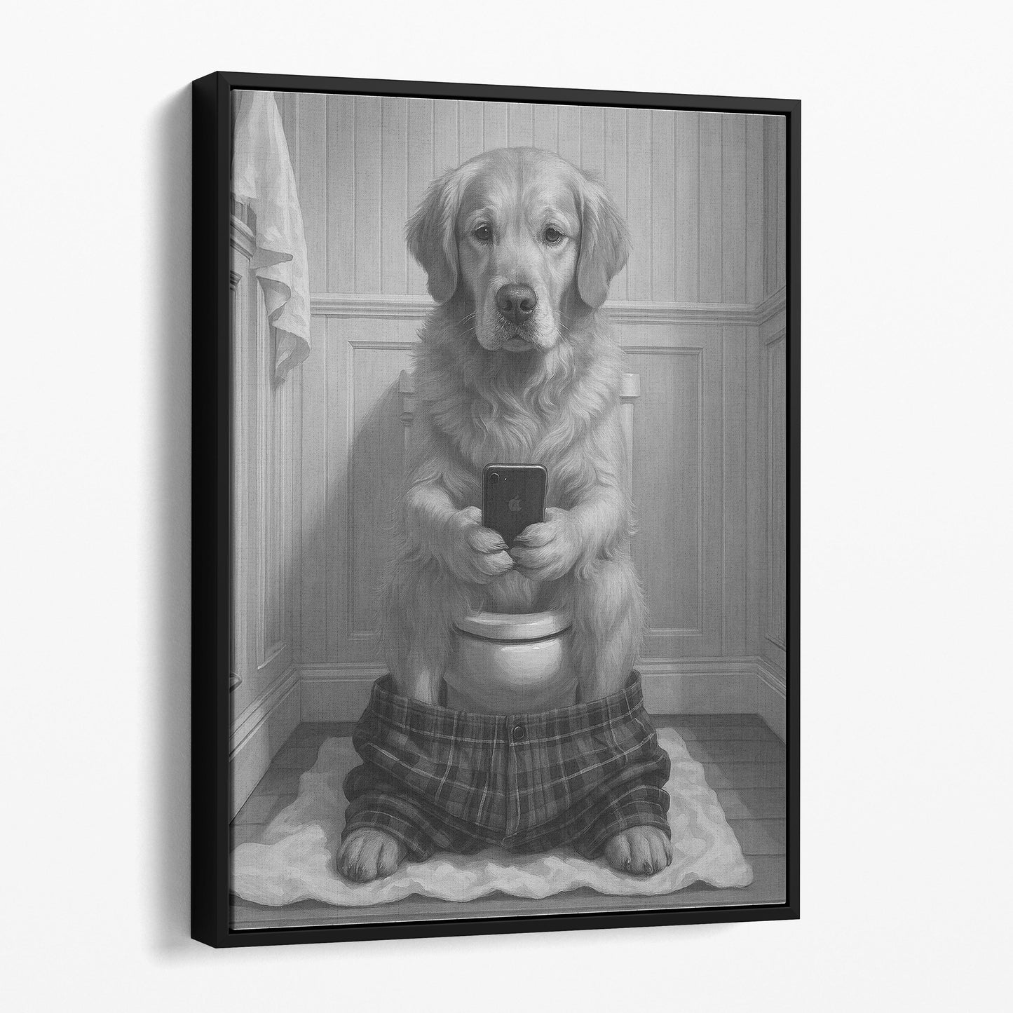 Golden Retriever Dog On The Phone On The Toilet