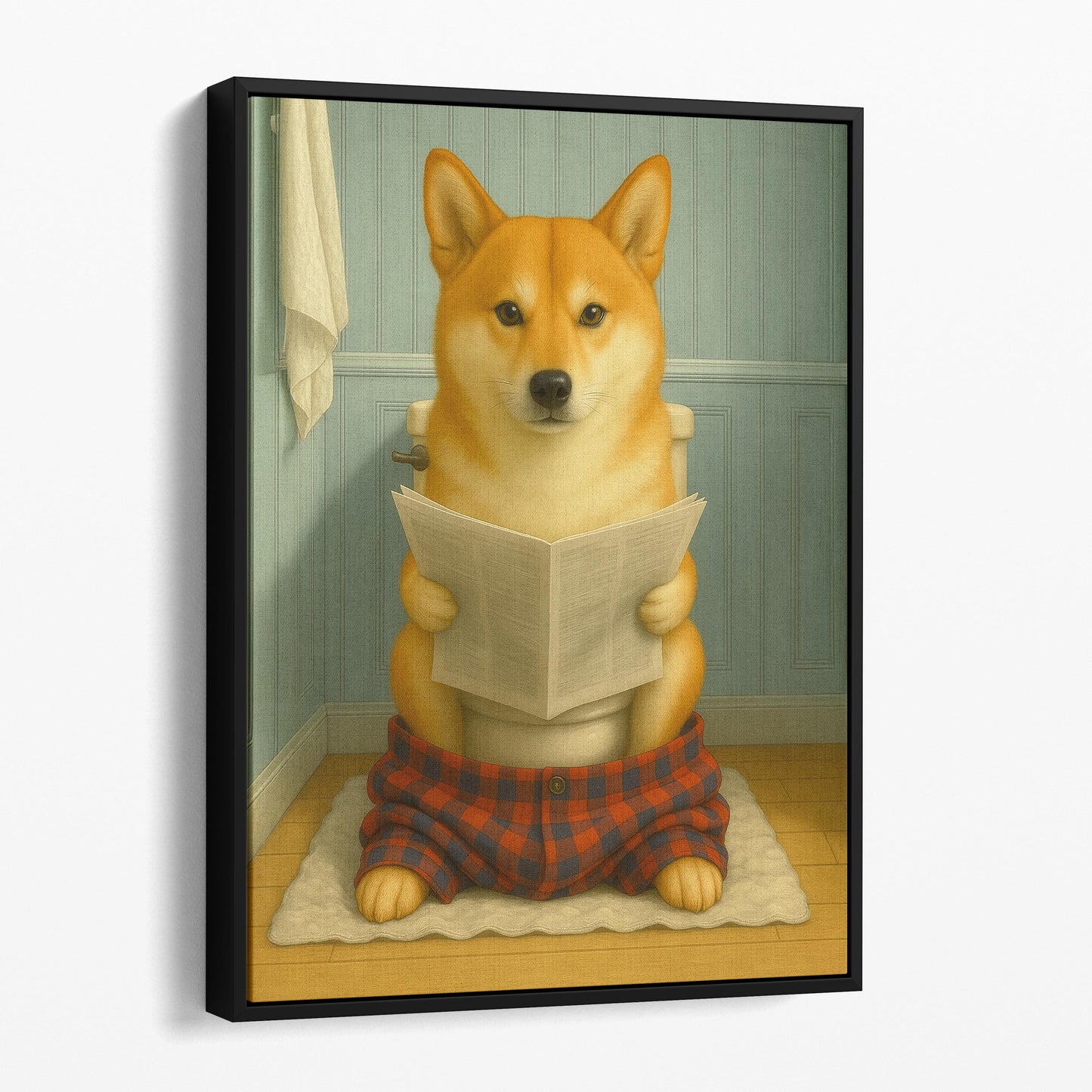 Shiba Inu Dog Reading The Newspaper On The Toilet
