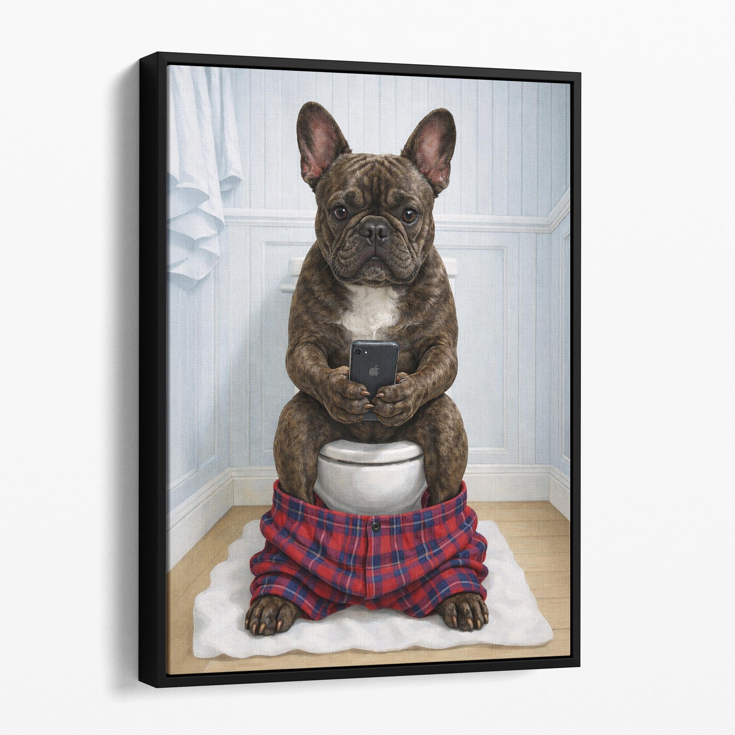 Brindle French Bulldog On The Phone On The Toilet