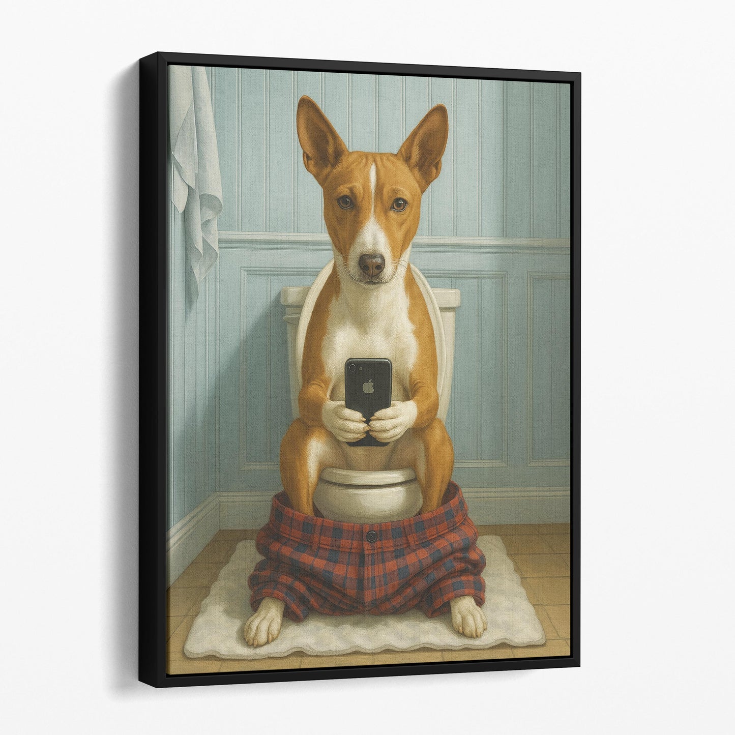 Basenji Dog On The Phone On The Toilet