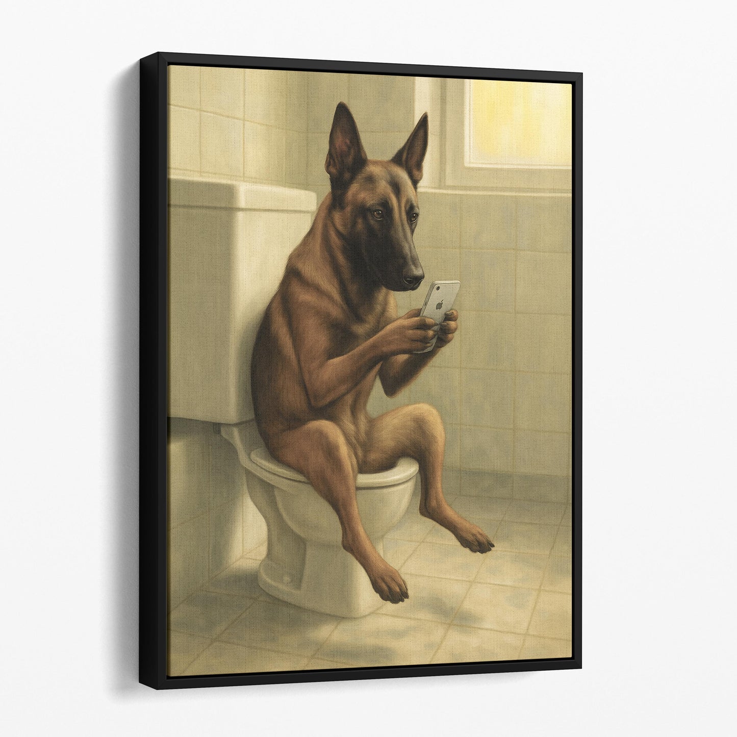 Belgian Malinois Dog On The Phone On The Toilet