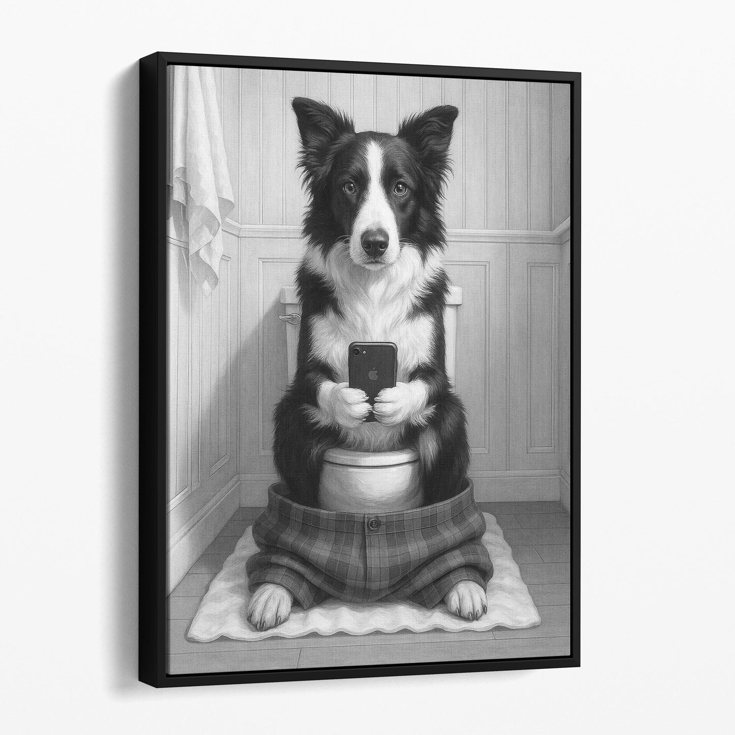 Border Collie Dog On The Phone On The Toilet