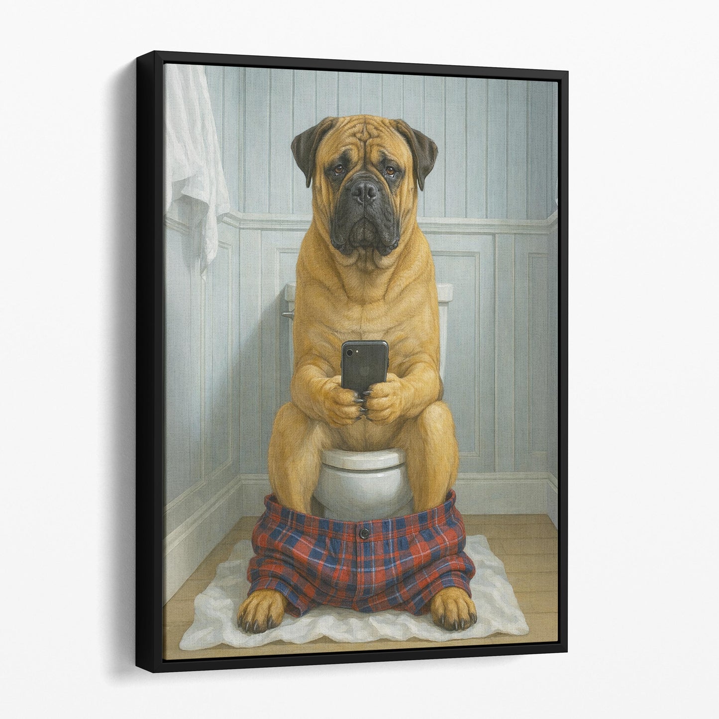 Bullmastiff On The Phone On The Toilet